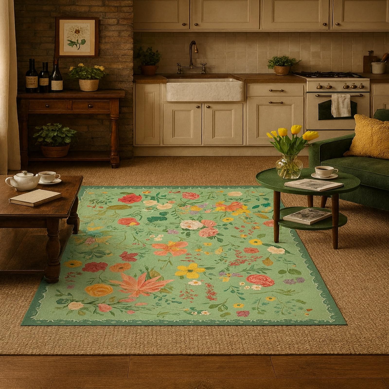 Tapis grand format intérieur poil ras vert pour entrée et couloir moderne