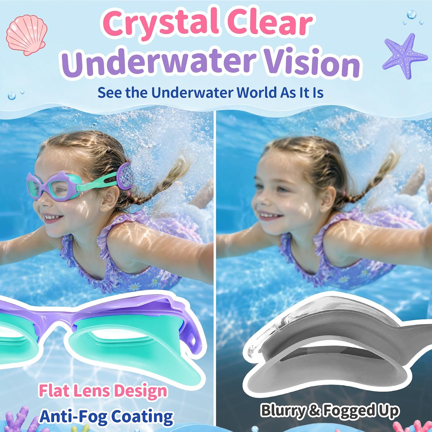 Vvinca Toddler Goggles Age 2-8, Cat Kids Goggles with Fabric Strap Anti Fog | 2 Pack Cute Cat Design Toddler Boys Girls Goggles UV Protection No Leak No Hair Pull for Pool Swim Lessons Kids Swim Goggles