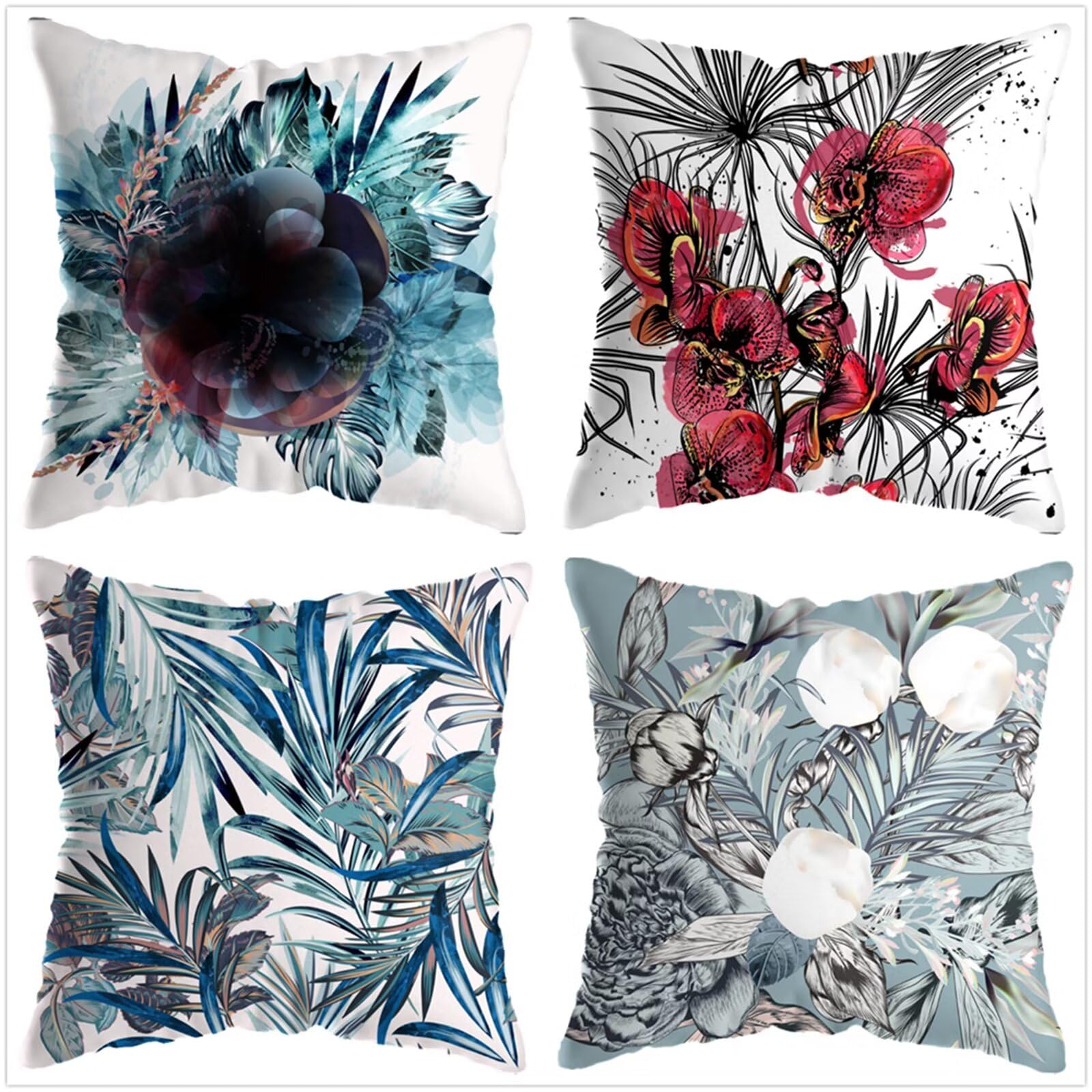 Juego de 4 Impermeable Funda de Cojín Flores mágicas,65x65cm Moderno Suave Transpirables Lino Fundas de Almohada Cojines Decorativos con Cremallera Oculta para Exterior Sofá Cama Coche Hogar