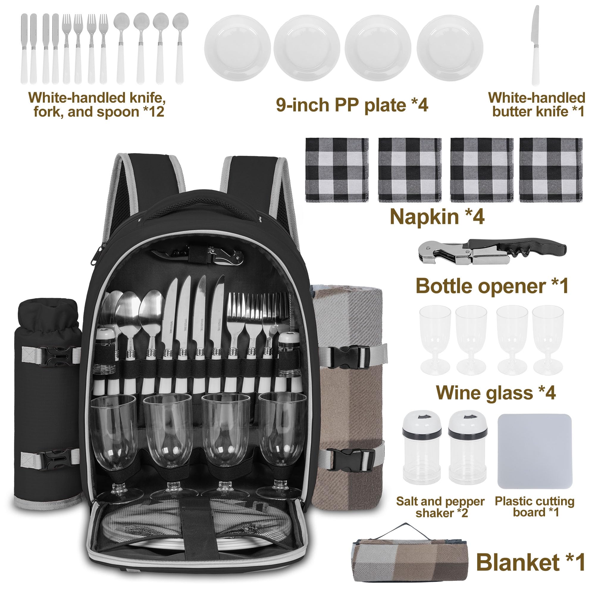 Picknick-Rucksack für 4 Personen, mit Kühlfach, isoliert und wasserdicht, Picknicktasche mit Set und Decke, für Strand, Camping, Wandern (schwarz)