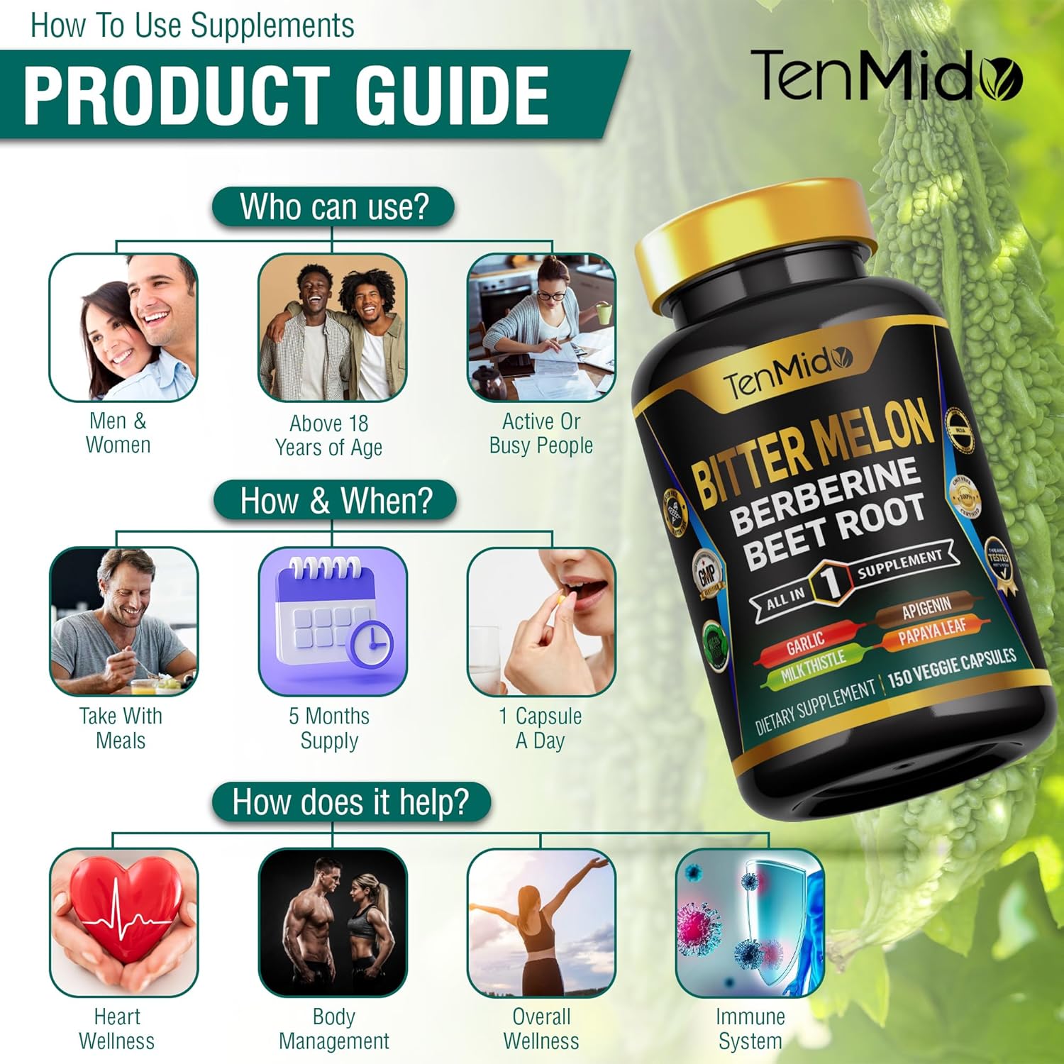 Bitter Melon Capsules - 8in1 Formula - Combine with Berberine, Beet Root, Garlic, Milk Thistle, Apigenin, Papaya Leaf, and Black Pepper - 150 Vegan Capsules for 5 Months Supply - Image 6