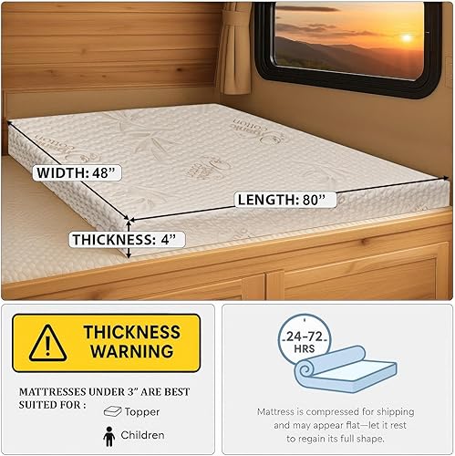 Miniatura 3 de Foamma Colchón de espuma viscoelástica de gel de 4 x 48 x 80 pulgadas para caravana con funda de algodón orgánico resistente al agua, base de espuma