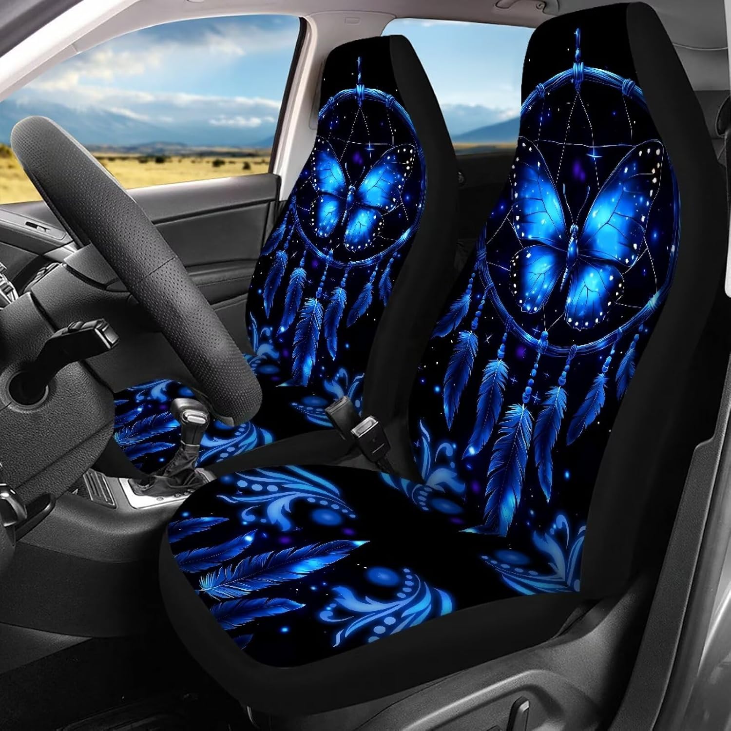 Blue Butterfly Wind Chime Car Front Rear Seat Cover Full Set Automotive Seat Cover Universal Car Seat Cushion Protector Suitable for All Reason