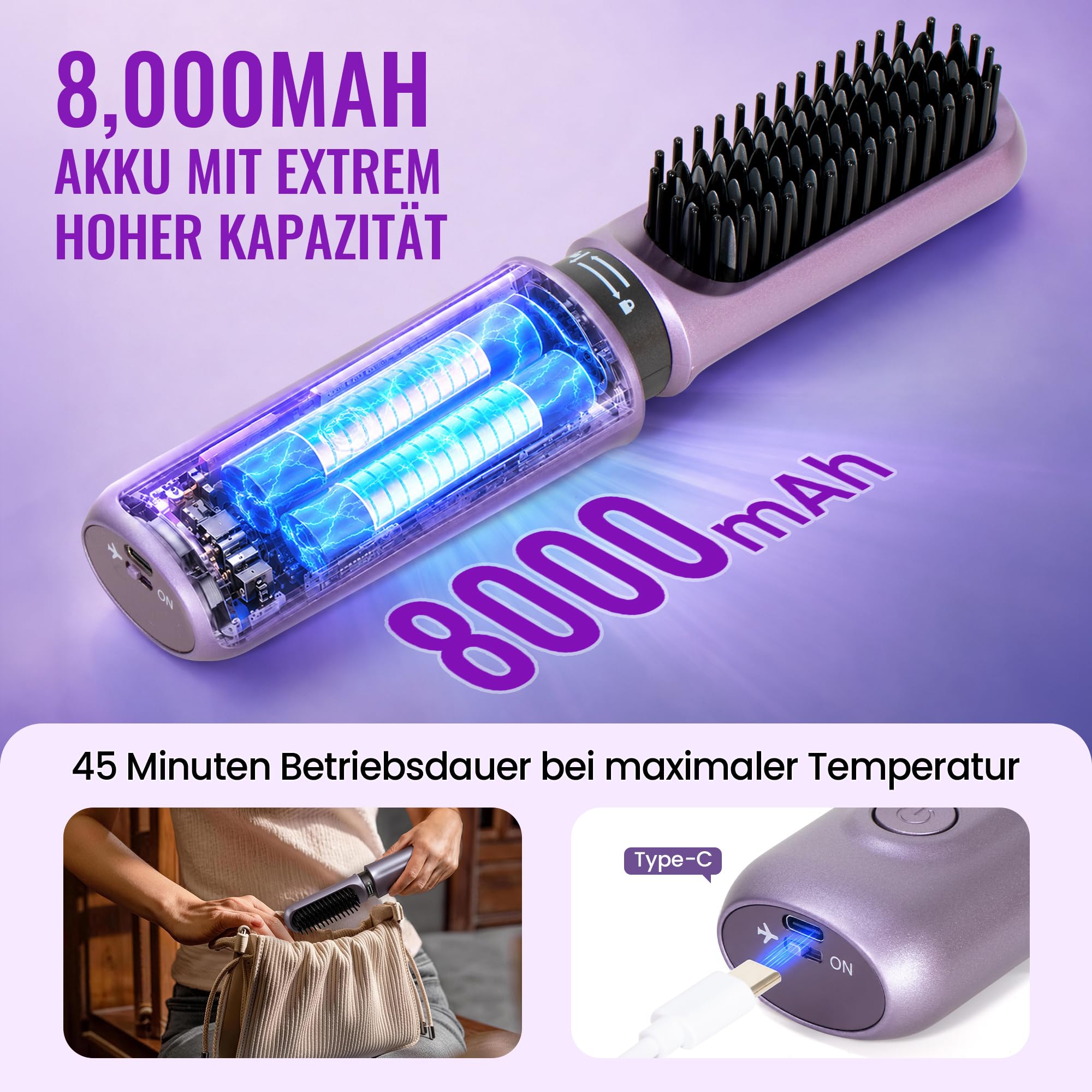 Cepillo para rizar y alisar inalámbrico 2 en 1, mini cepillo de viaje portátil para mujeres, color morado