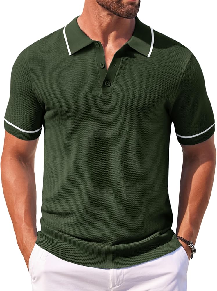 COOFANDY Men Knit Polo T Shirts Vintage Short Sleeve Crochet Polo