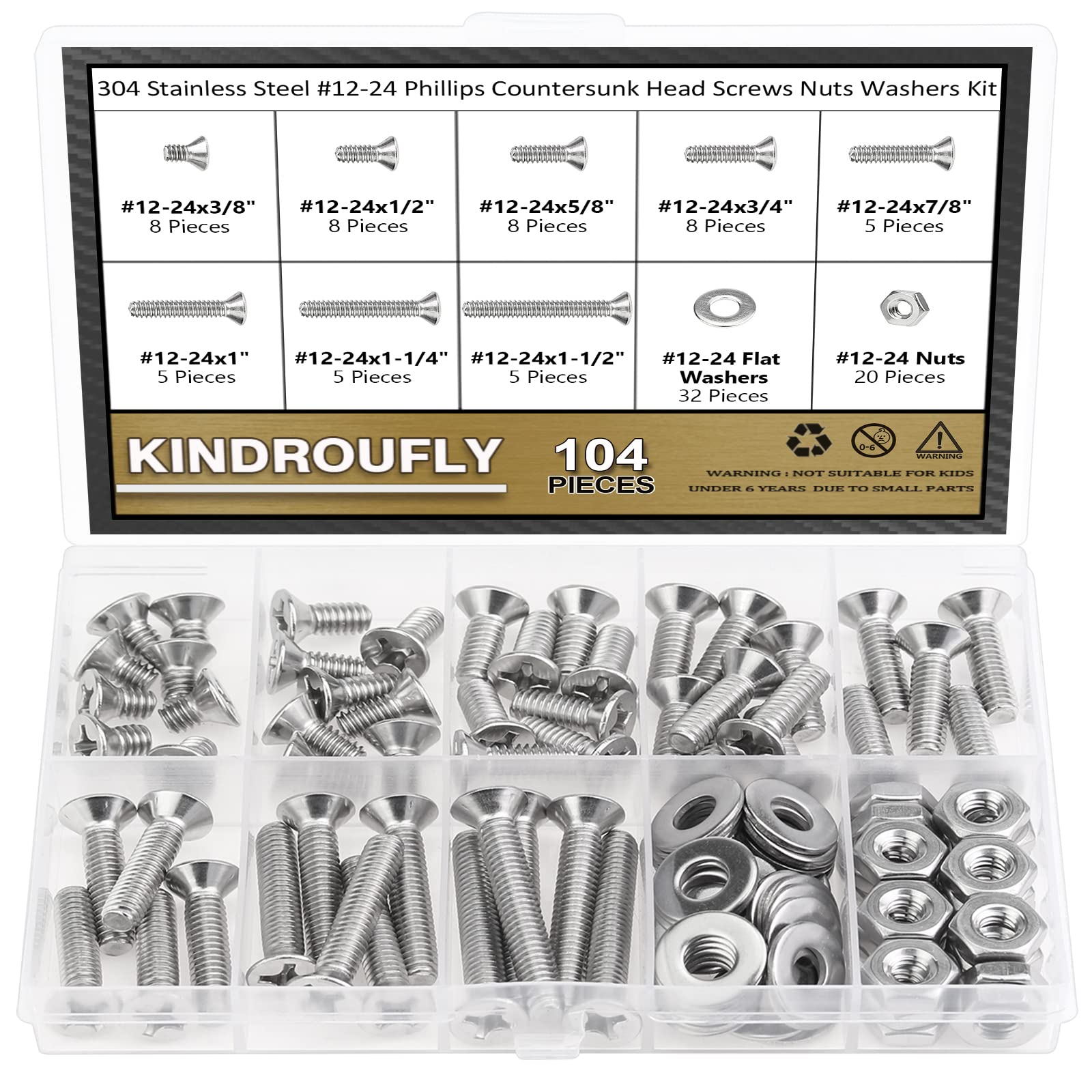 Kindroufly 104 Pieces #12-24x 3/8", 1/2", 5/8", 3/4", 7/8", 1", 1-1/4", 1-1/2",Phillips Countersunk Head Machine Screws Nuts Washers Assortment Kit,