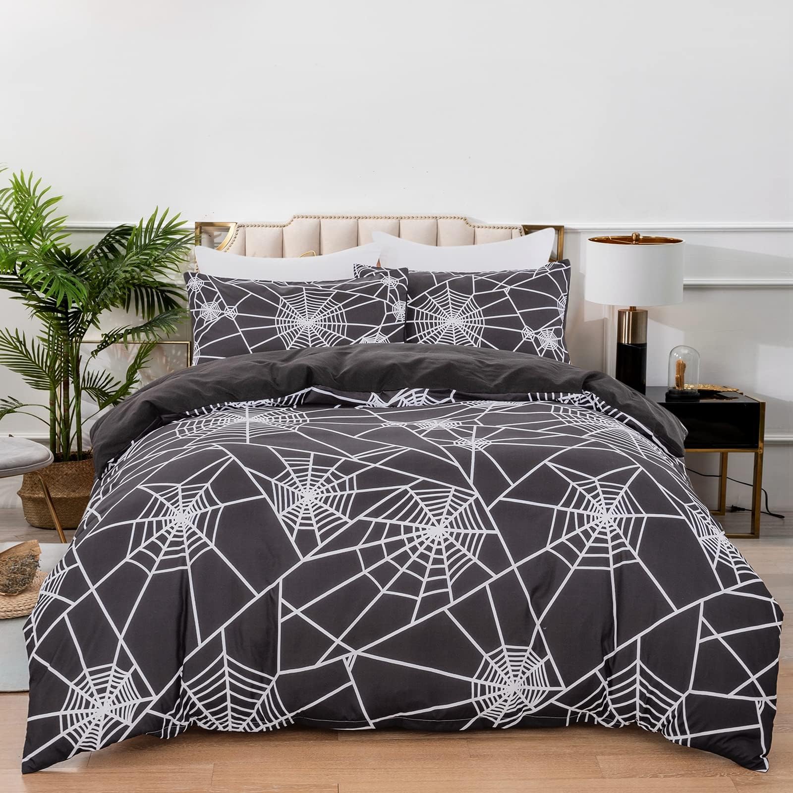 Spider Web Duvet Cover Set Twin Reversible Black Spider Bedding with 2 Pillowcase Comforter Cover with Zipper Closure 2 Pieces for Kids Teens Soft Microfiber 90" x 90" (No Comforter)