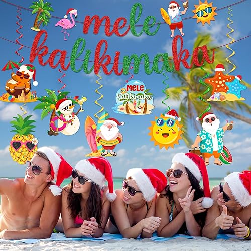 Miniatura 4 de Decoraciones navideñas hawaianas, decoraciones navideñas Mele Kalikimaka, remolinos colgantes, decoración tropical para colgar en el techo,