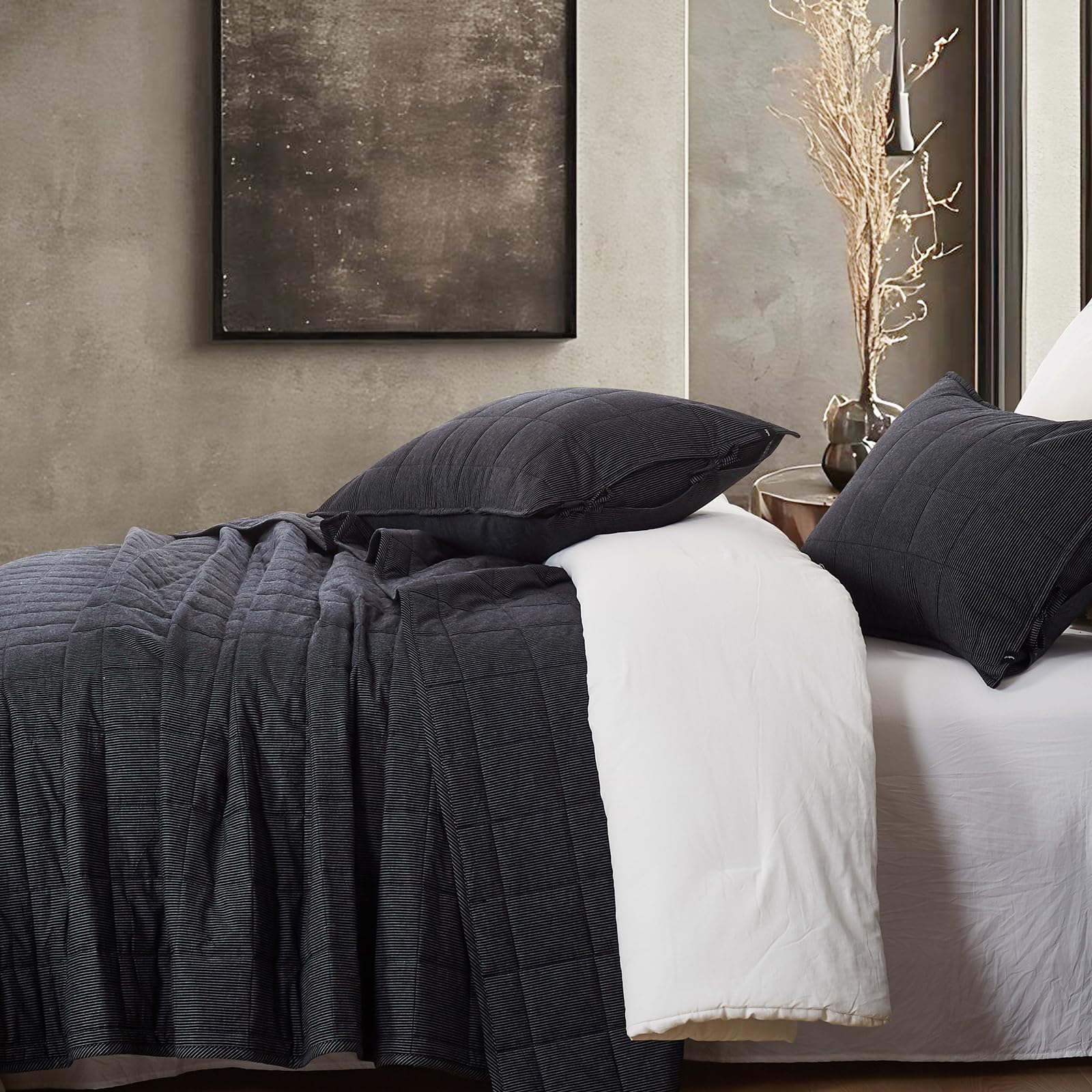 softpage Black Quilt Twin, Cotton Twin Quilt Bedding Set,2-Pieces Quilted Bed Spread with Black Stripe Coverlet Light Weight Bedspread with 1 Pillow Sham