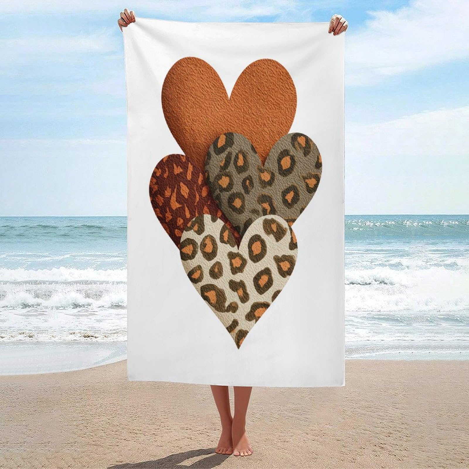 LSRCPD Cluster of Hearts with Leopard Print Pattern Beach Towel Sand Free Microfiber Large Shower Towels Multipurpose Absorbent for Bathroom Pool 130x80 CM