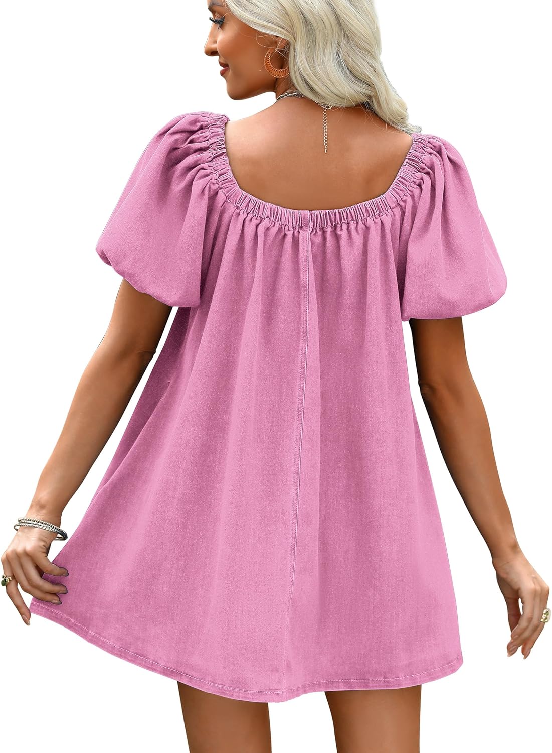 Denim Dress for Women, Puff Short Sleeve Jean Dress Square Neck Denim Romper with Pockets - Image 4
