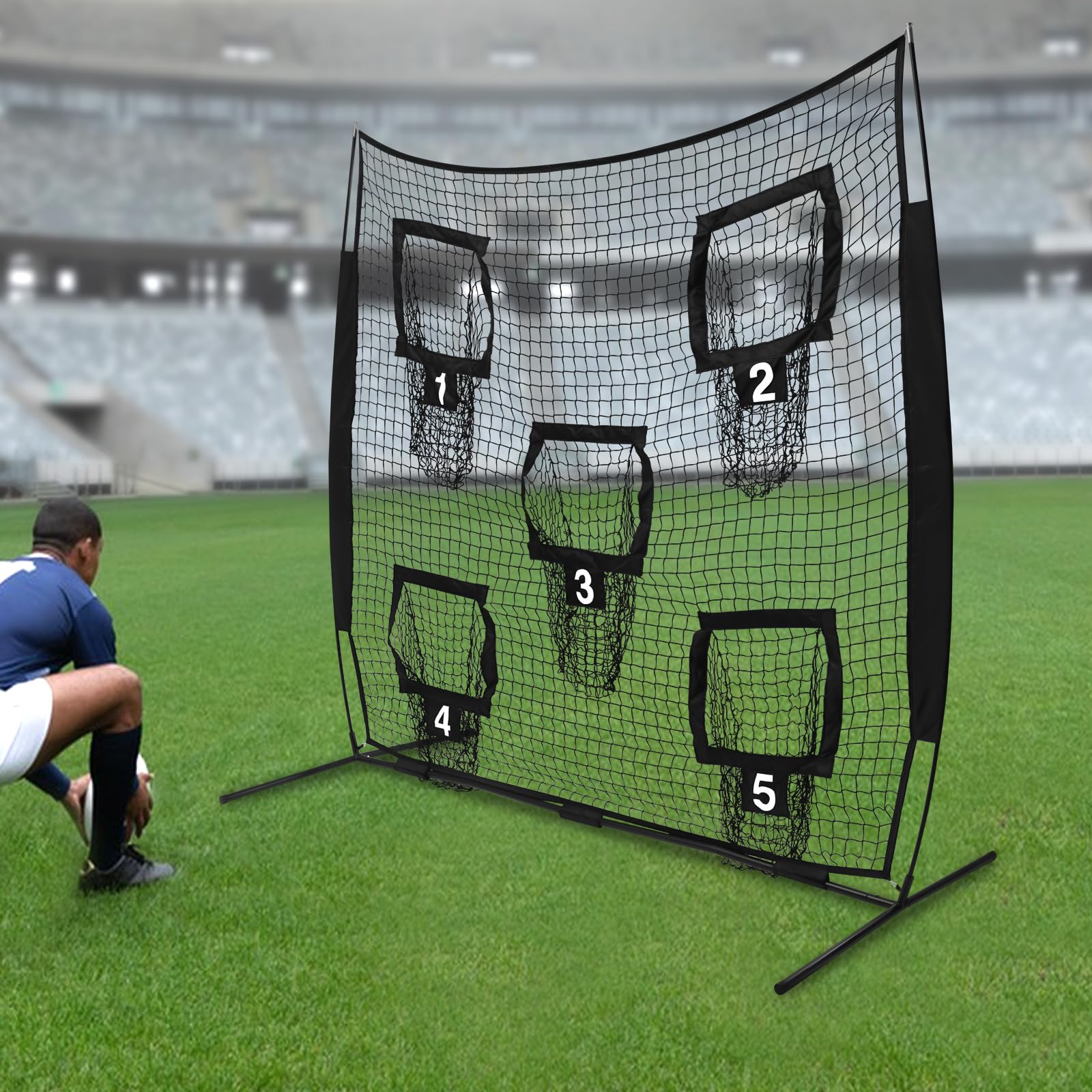 Filet de rugby - 2,13 x 2,13 m - Avec 5 poches cibles - Pour arrière-cours et parcs - Noir