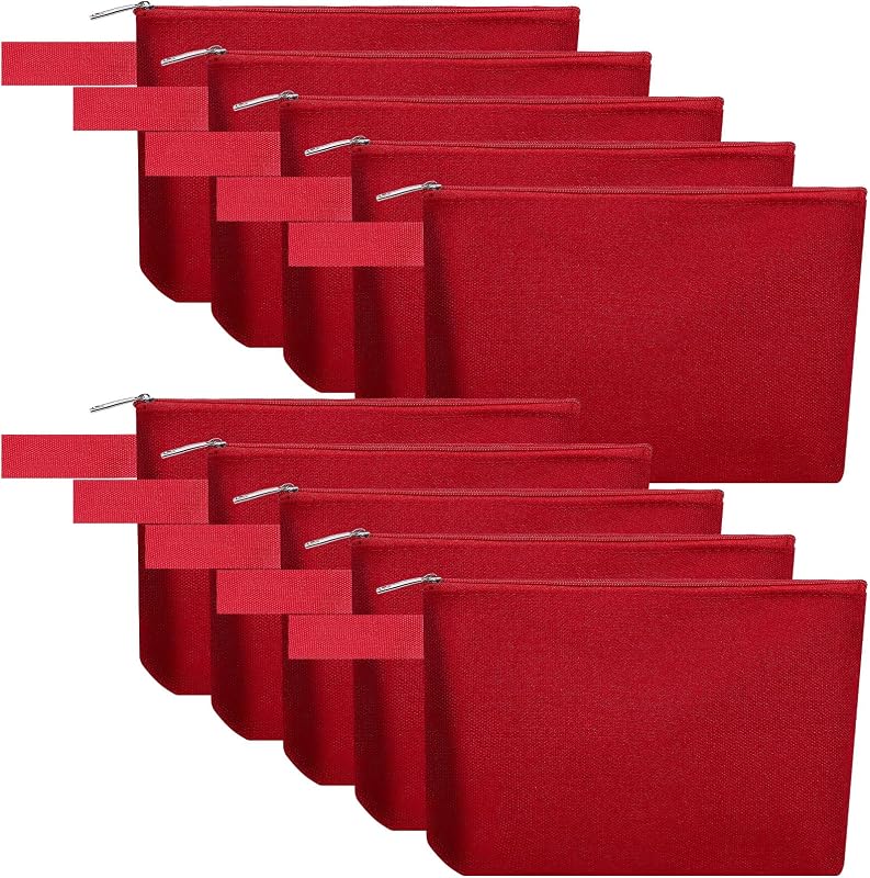 Necessaire de lona de algodão Sinzip com zíper, base e alça, vermelha, tamanho M, pacote com 10