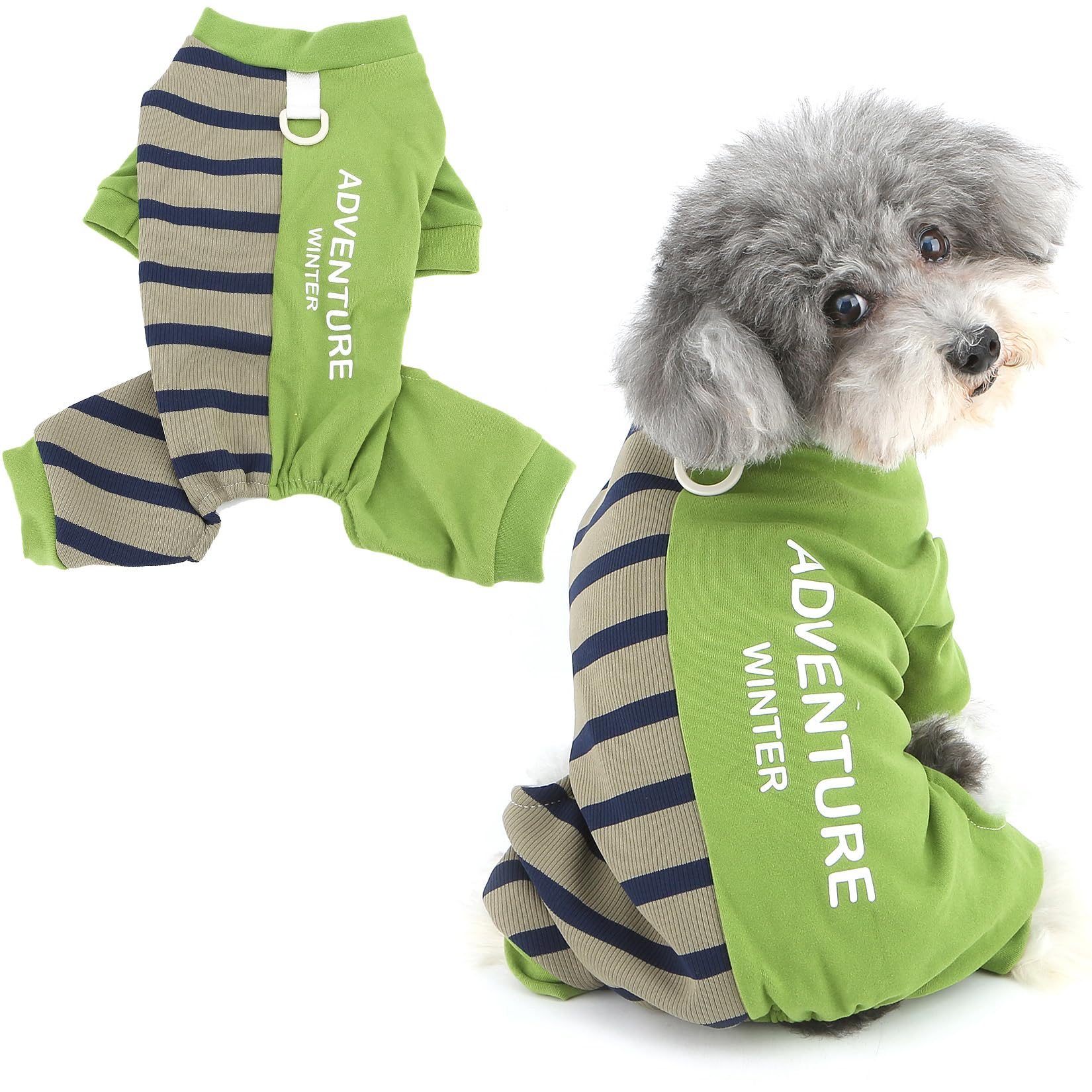 Ranphy Fleece Lined Striped Knit Dog Pyjamas for Small Dogs Patchwork Puppy Jumpsuit with D-Ring Four-Leg Pullover Pjs Warm Winter Autumn Stretchable Pet Sleepwear Chihuahua Yorkie Clothes Green XXL