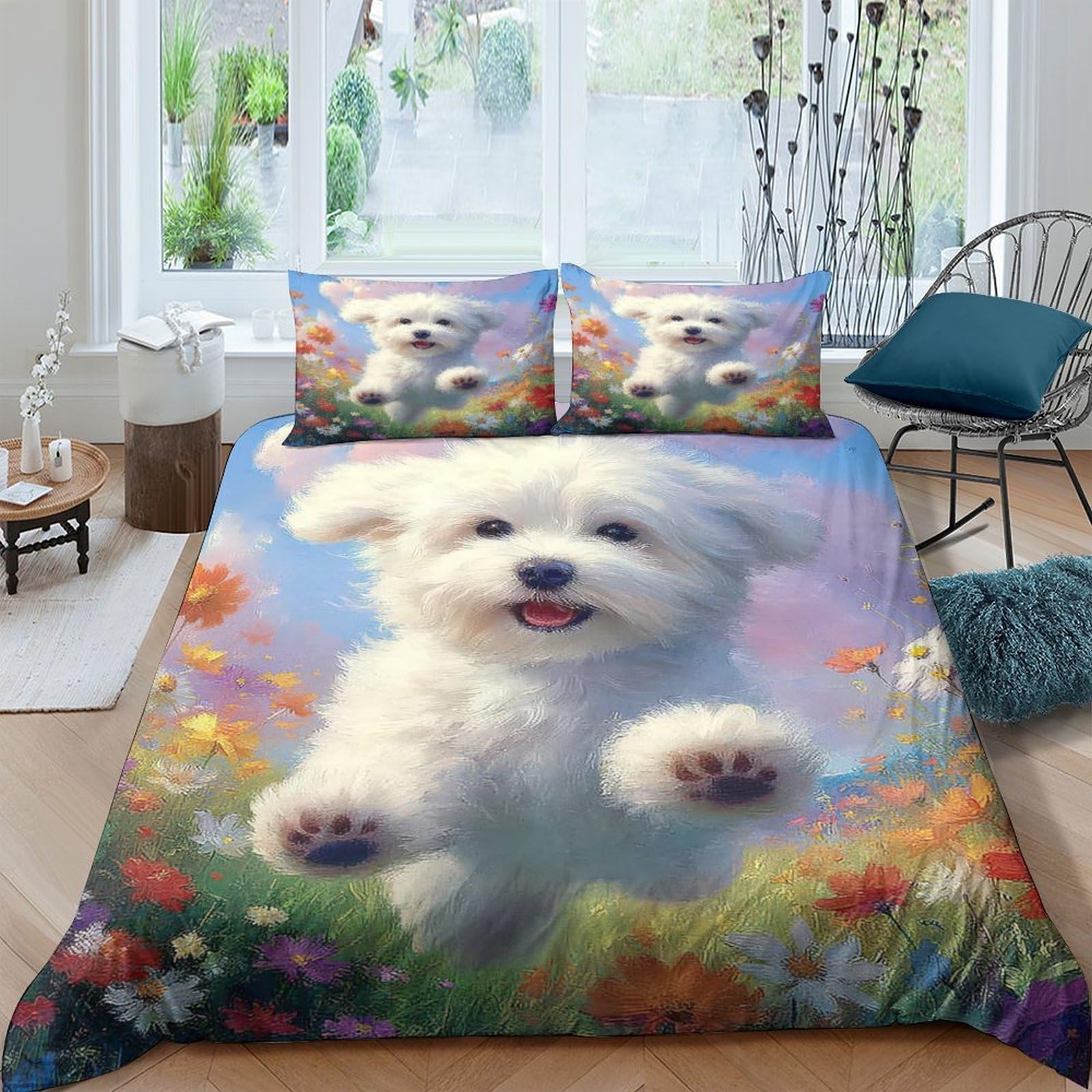 Ctjqhvkz Style-3 3D Printed White Fluffy Puppy Fitted Sheet Microfiber Soft Colorful Meadow Bed Cover For Bedroom Guest Room Decor Single（135X200cm）