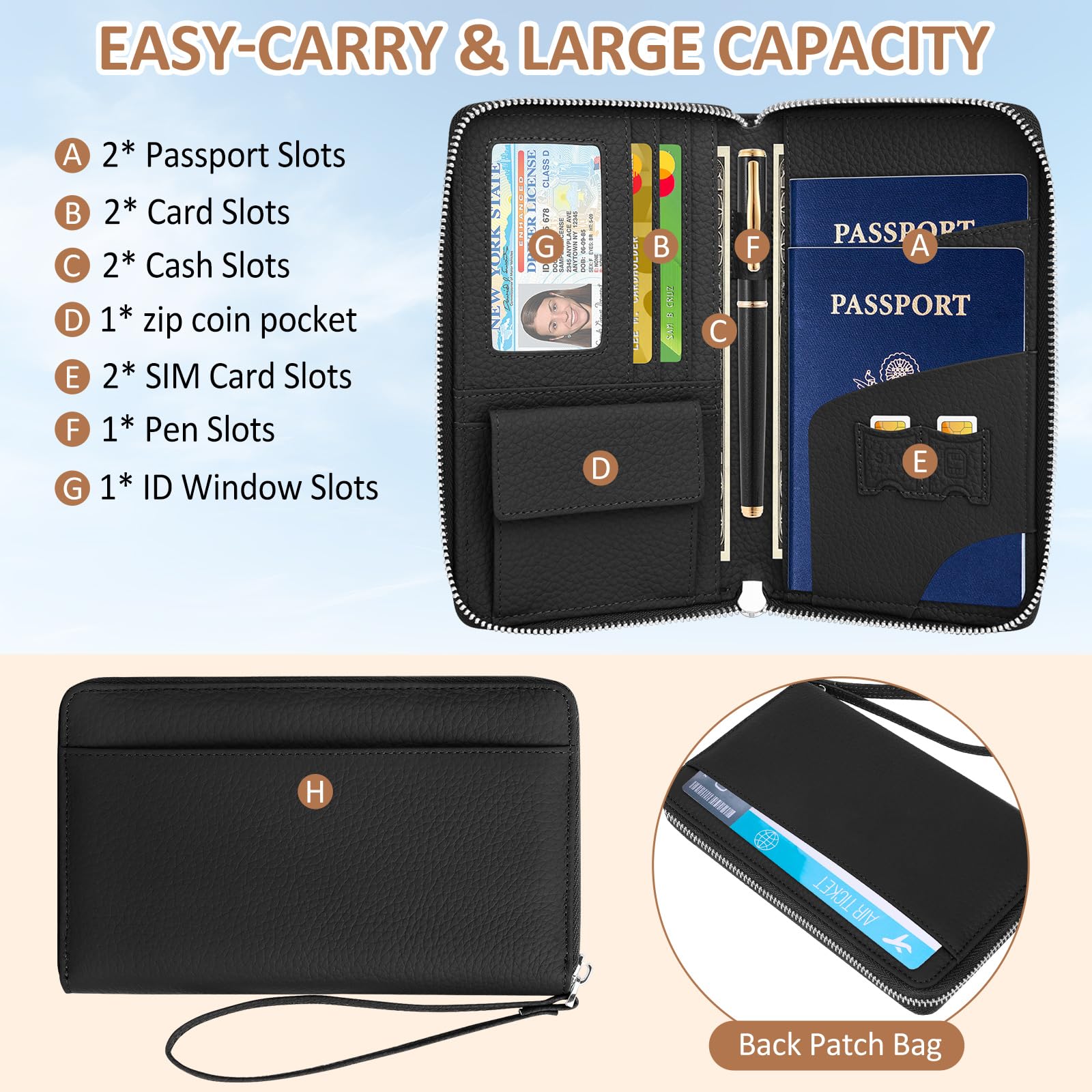 Funda Pasaporte RFID Porta Pasaporte Piel Passport Wallet Impermeable Passport Cover Portadocumentos Viaje para Documentos Billetes Avión Tarjetas, Negro