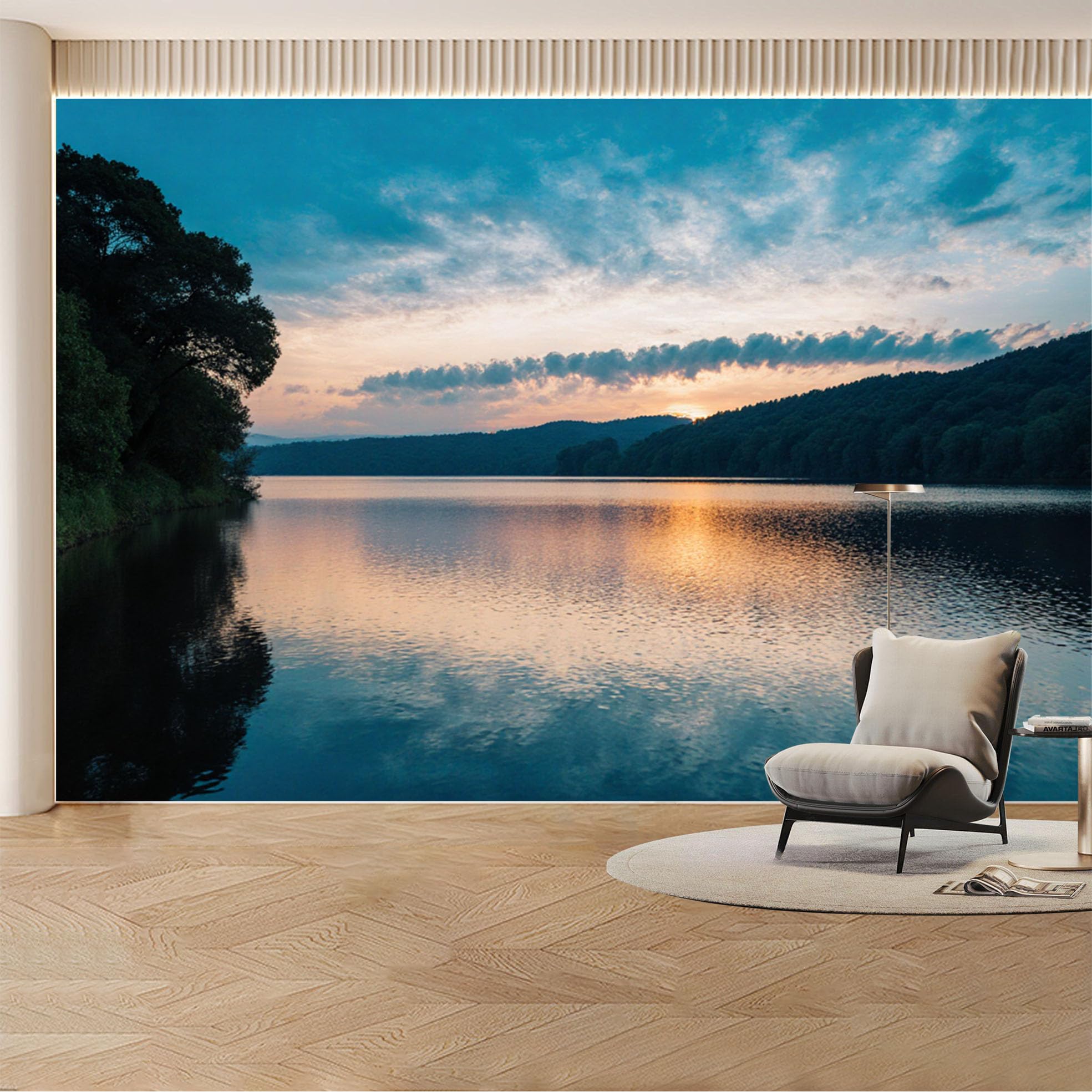 Custom Wall Mural Wallpaper Lake Forest Landscape 3D Effect Wall Decor Large Wall Art Sunset Misty Removable SelfAdhesive Large Photo for Living Room， Bedroom， Office