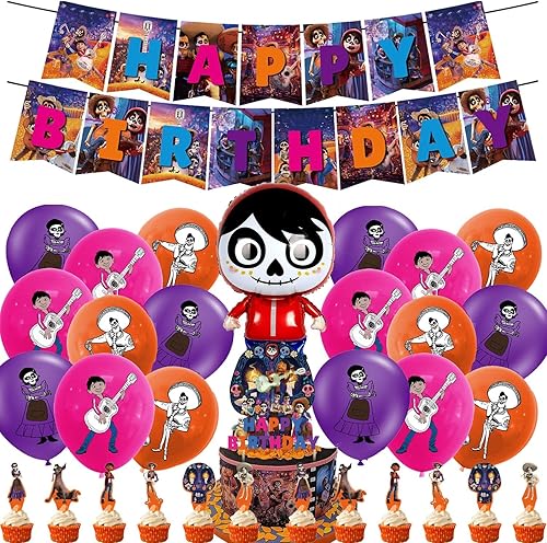 Decoraciones de fiesta de cumpleaños de Coco, suministros de fiesta de Coco México, incluye pancarta, decoraciones de pasteles, adornos de cupcakes,