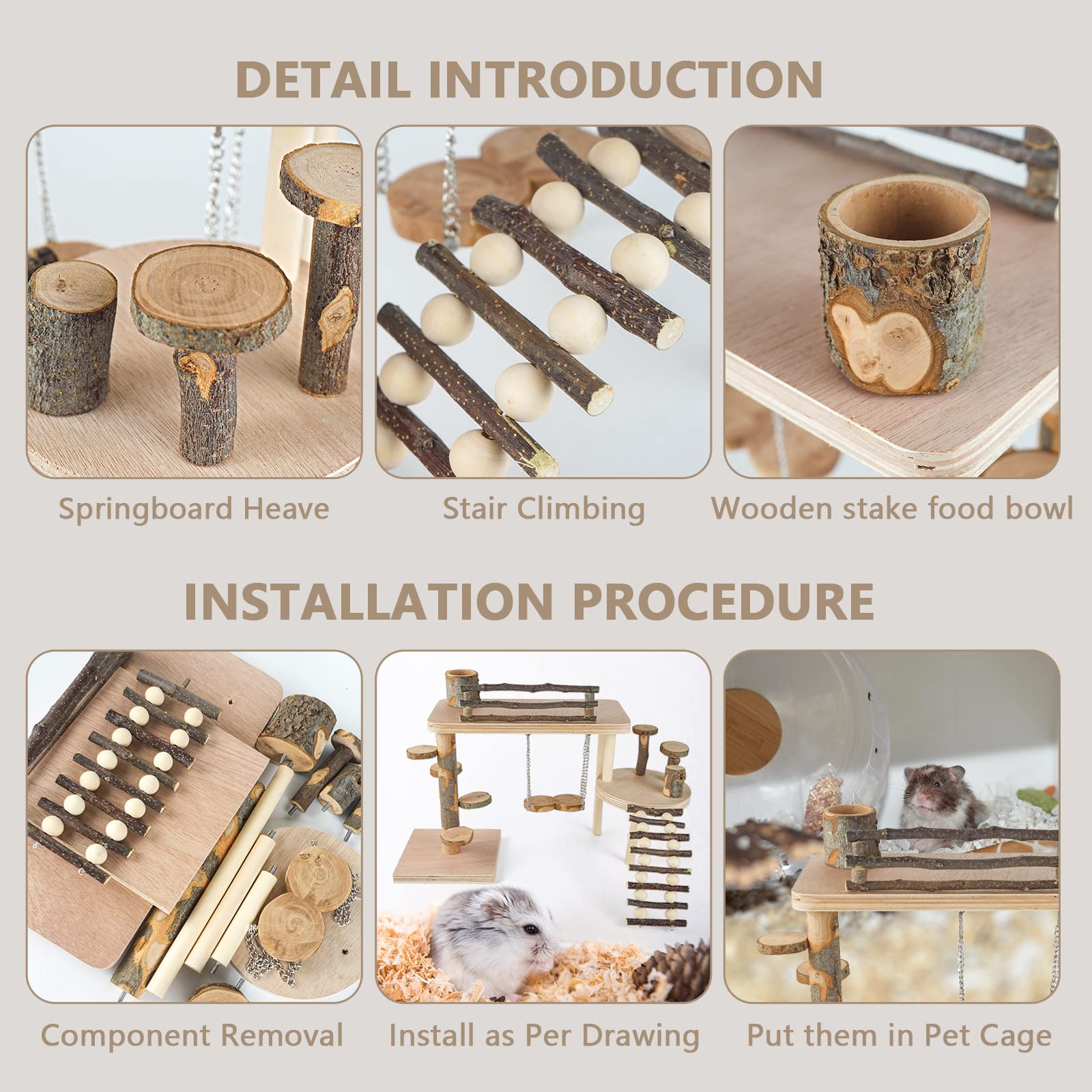 VolksRose Holz Hamster Spielplatz Plattform, Hamster Klettern Spielzeug, Natur Living Klettersystem Kleintiere Aktivitätsset mit Leiter Futterschale Rampe Brücke für Maus Rennmäuse Ratte Chinchilla