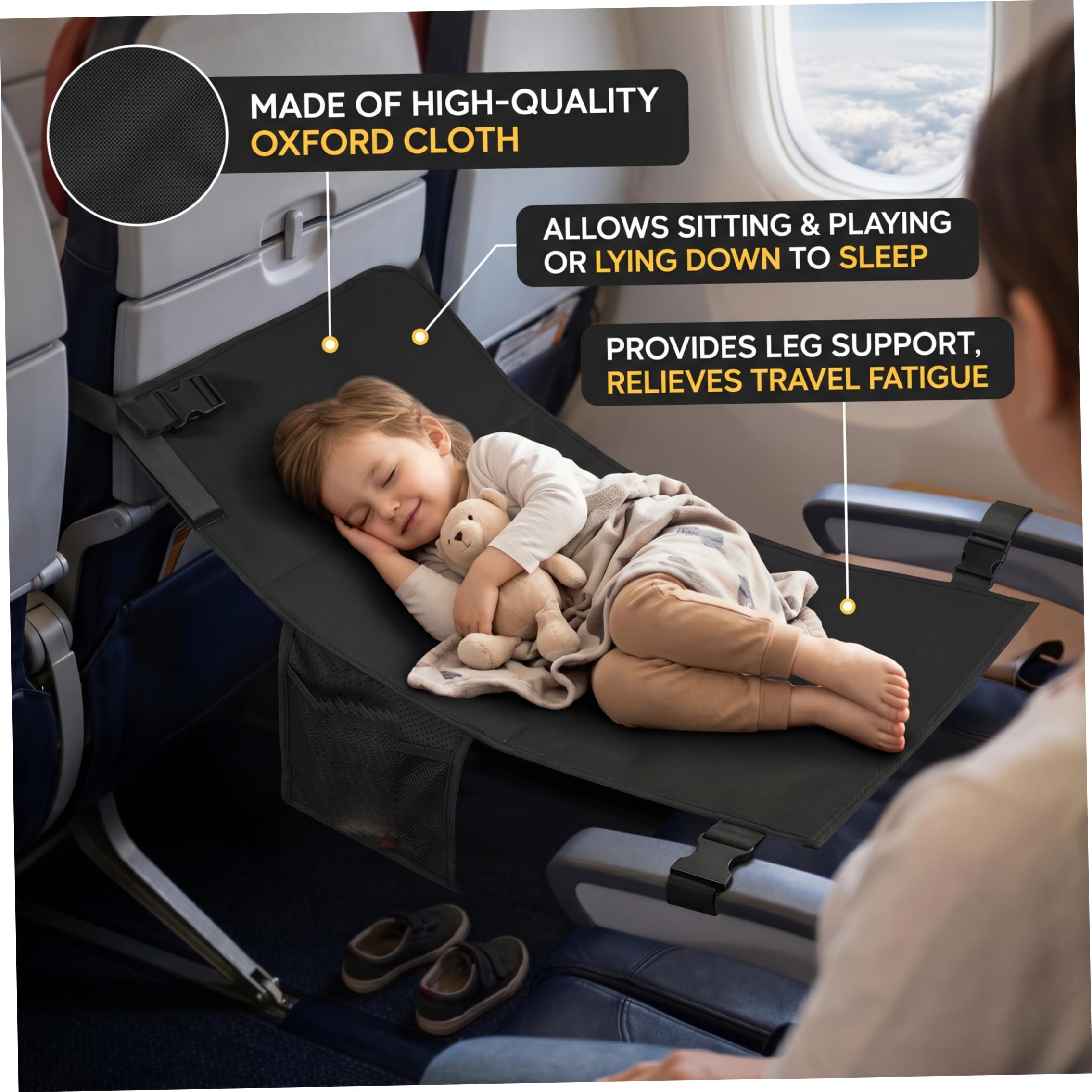 Estensione del sedile per aereo per bambini, amaca portatile per piedi - Riposo da viaggio per bambini in tessuto Oxford nero per voli lunghi, dormire e giocare;1