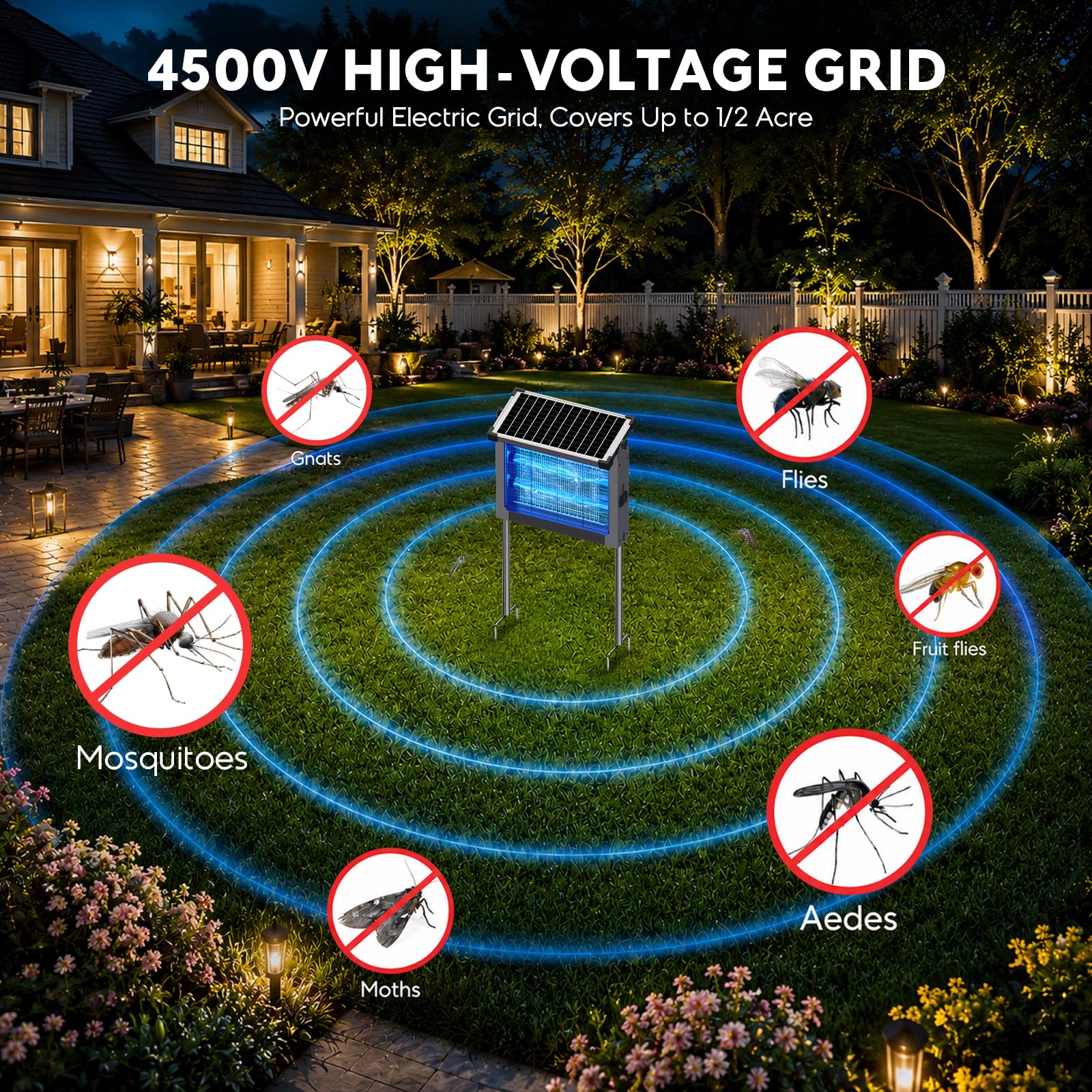 Solar Bug Zapper Outdoor Wasserdicht Moskito Zapper Outdoor 4500V Elektrischer Insektenvernichter Indoor w/Smart Lichtsensor Mückenfalle Fliegenvernichter Solarbetrieben für Terrasse Küche Garage Hof
