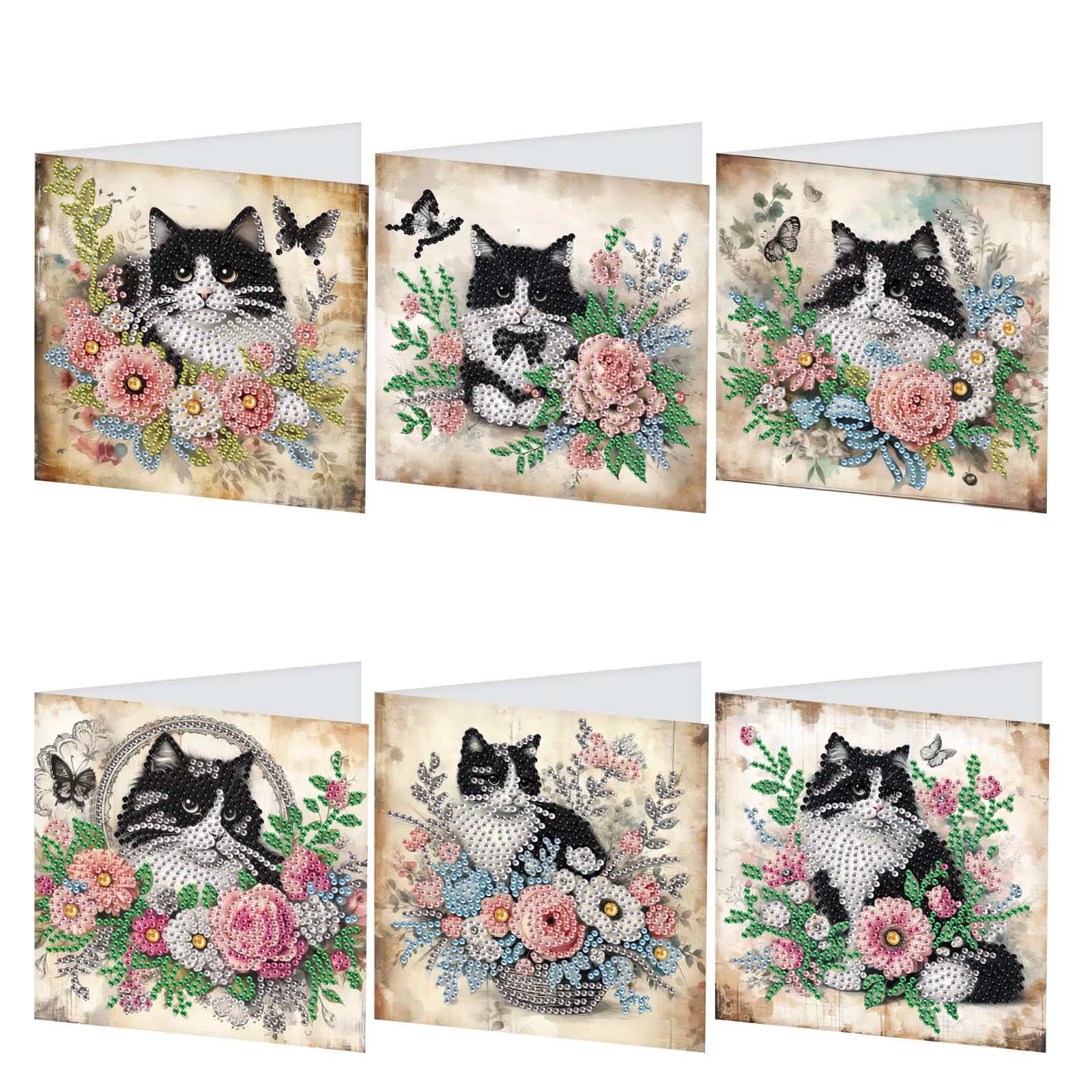 JISHSHAY 6 PCS Diamond Painting Greeting Cards Cat Flower Diamond Art Birthday Cards with Envelopes Mosaic Kits for Adults Gem Art Gem Painting for Thanksgiving Anniversary Valentine Festival