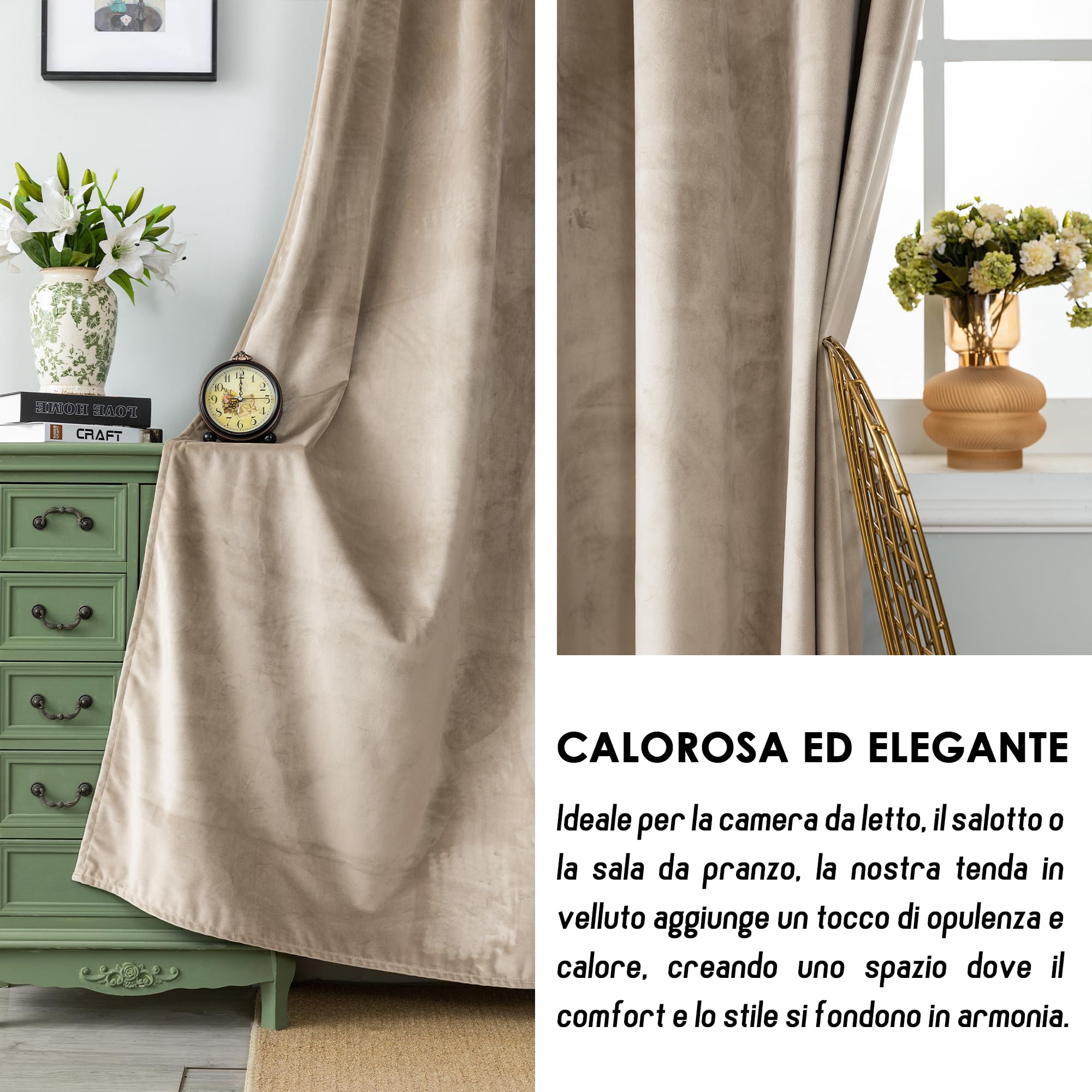 Tende Oscuranti Termiche Adelaide In Velluto - 2 Pannelli 70x240 Cm Con Tasca | Colore Tortora - Foto 5