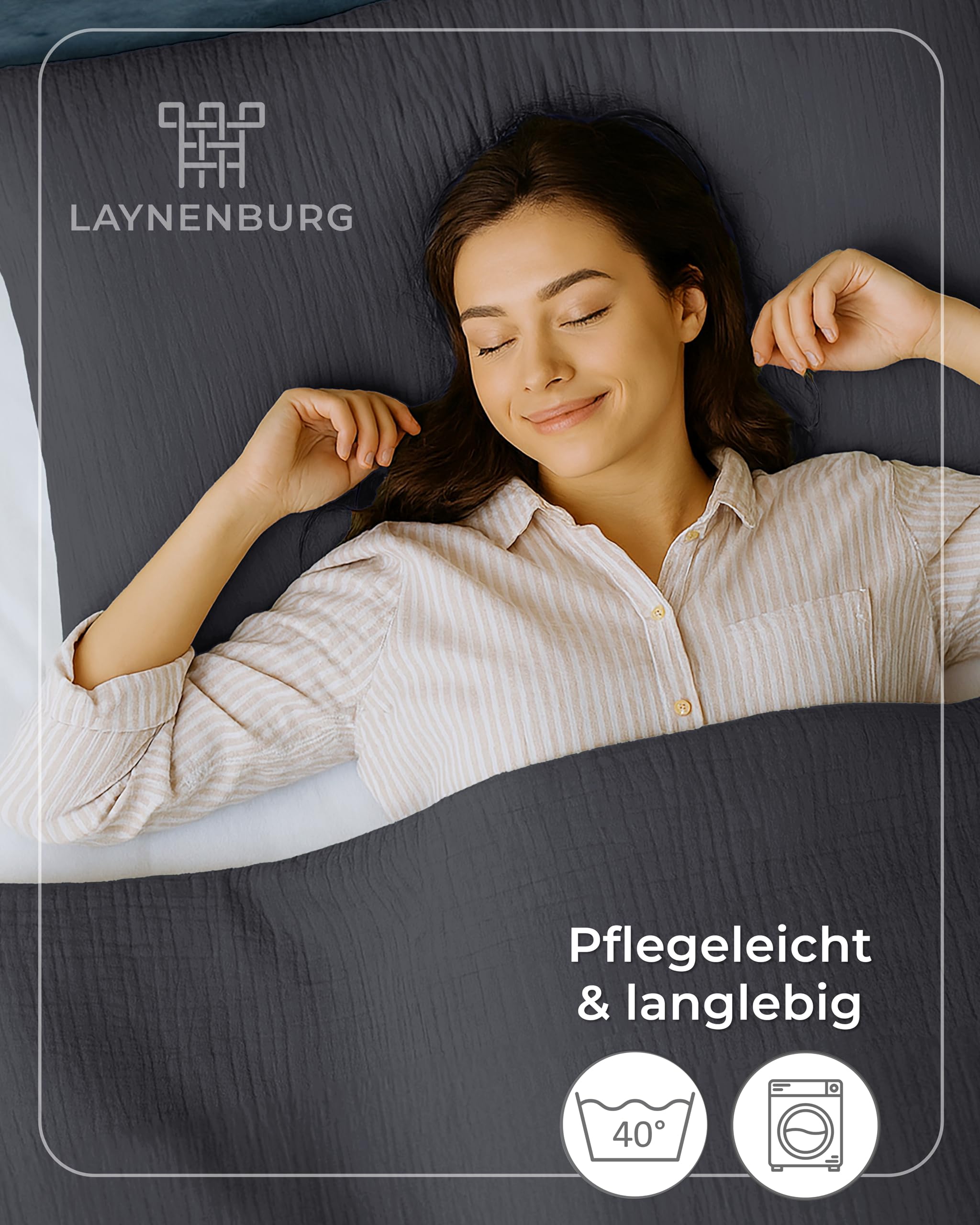 LAYNENBURG Musselin Bettwäsche 135x200 cm + 80x80 cm - Oeko-Tex – 100% Baumwolle – atmungsaktiv & bügelfrei – 2 lagiges Musselin mit Reißverschluss & Haltebändern (anthrazit)