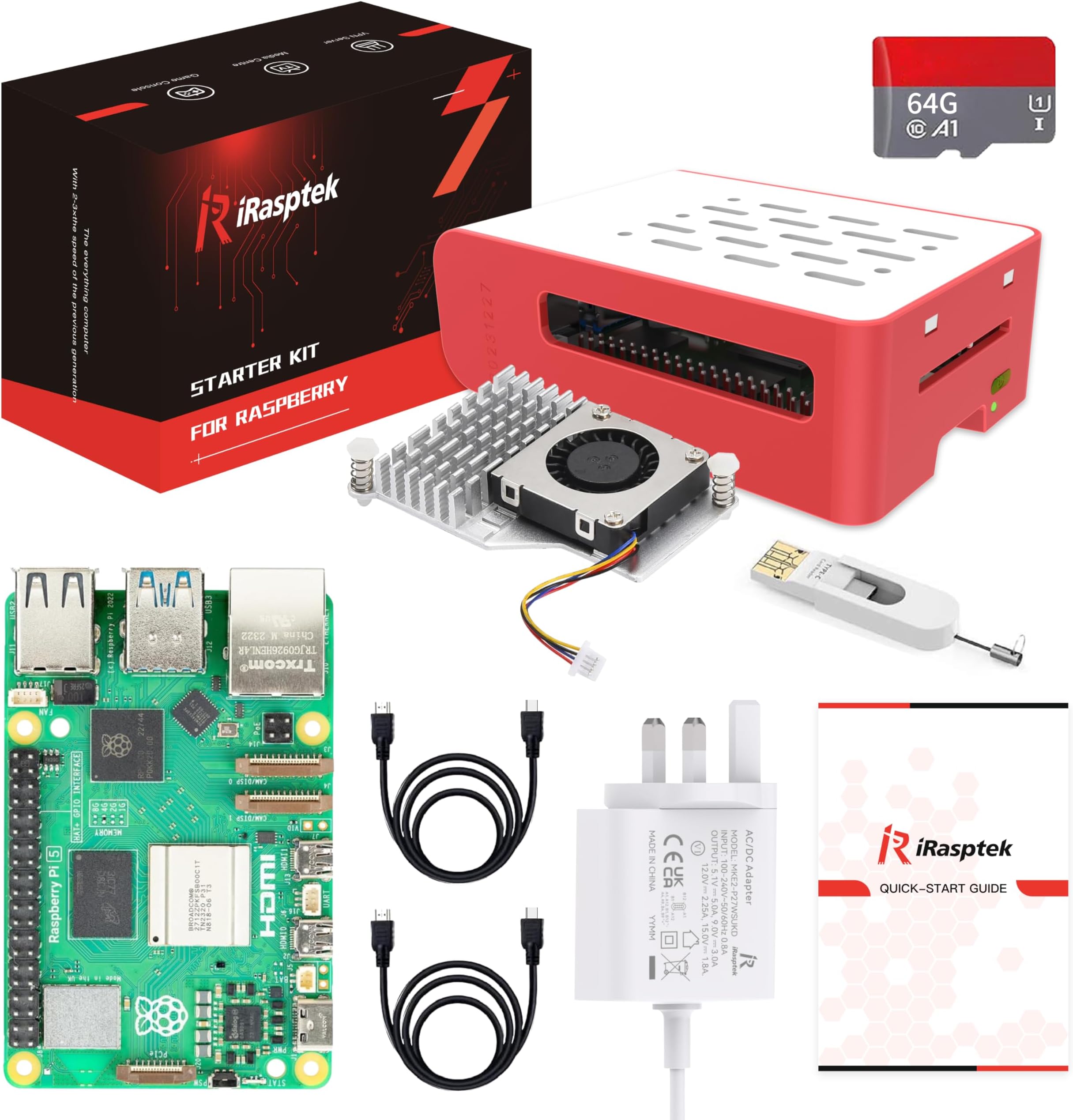 Starter Kit for Raspberry Pi 5 RAM 4GB - 64GB Edition of OS-Bookworm Pre-Loaded (Red&White Case)