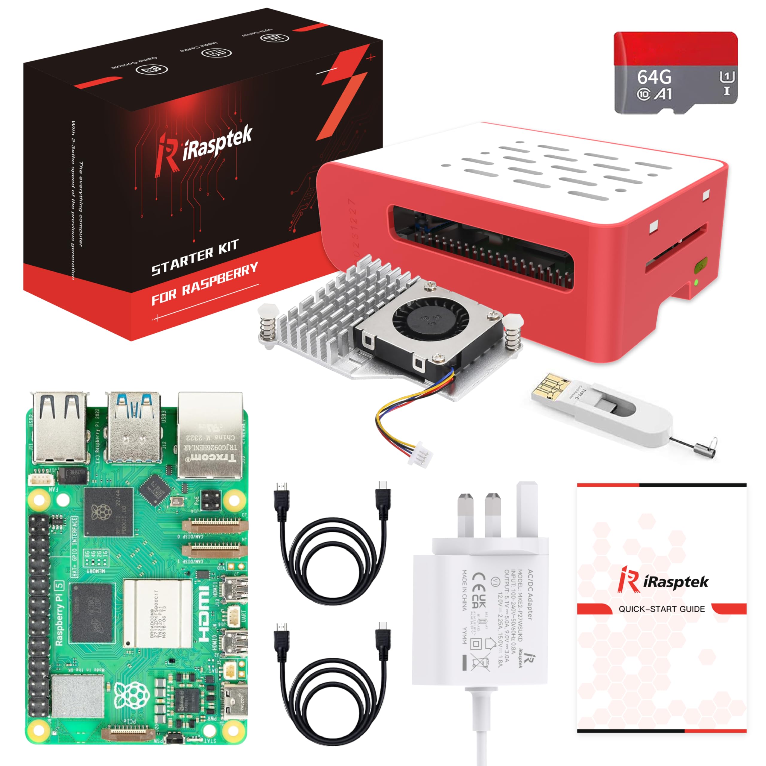 Starter Kit for Raspberry Pi 5 RAM 4GB - 64GB Edition of OS-Bookworm Pre-Loaded (Red&White Case)