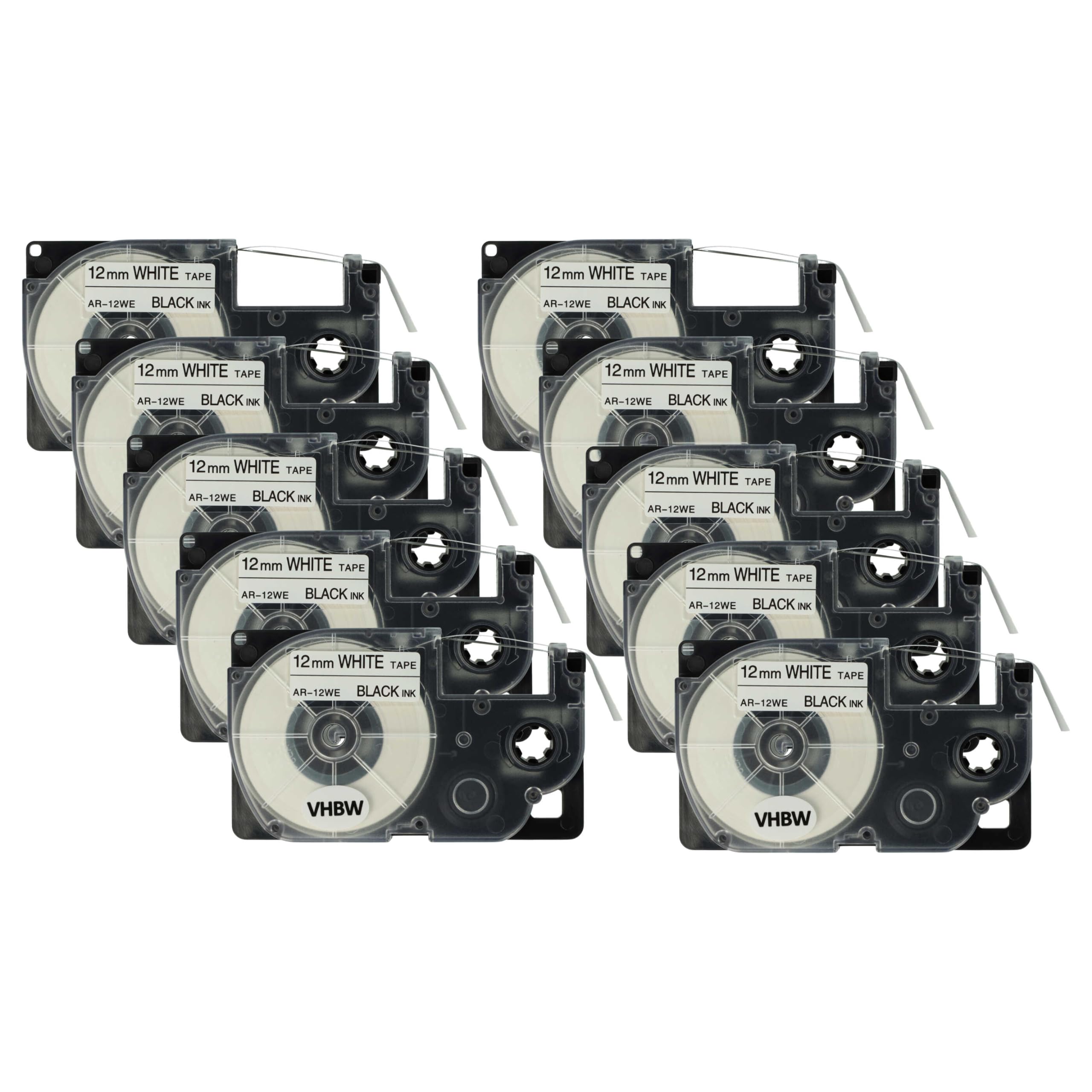 vhbw 10x Schriftband-Kassette kompatibel mit Casio KL-2000 | KL-300, KL-70E, KL-200E, KL-60, KL-7000 Etiketten-Drucker 8m x 12mm Schwarz auf Weiß