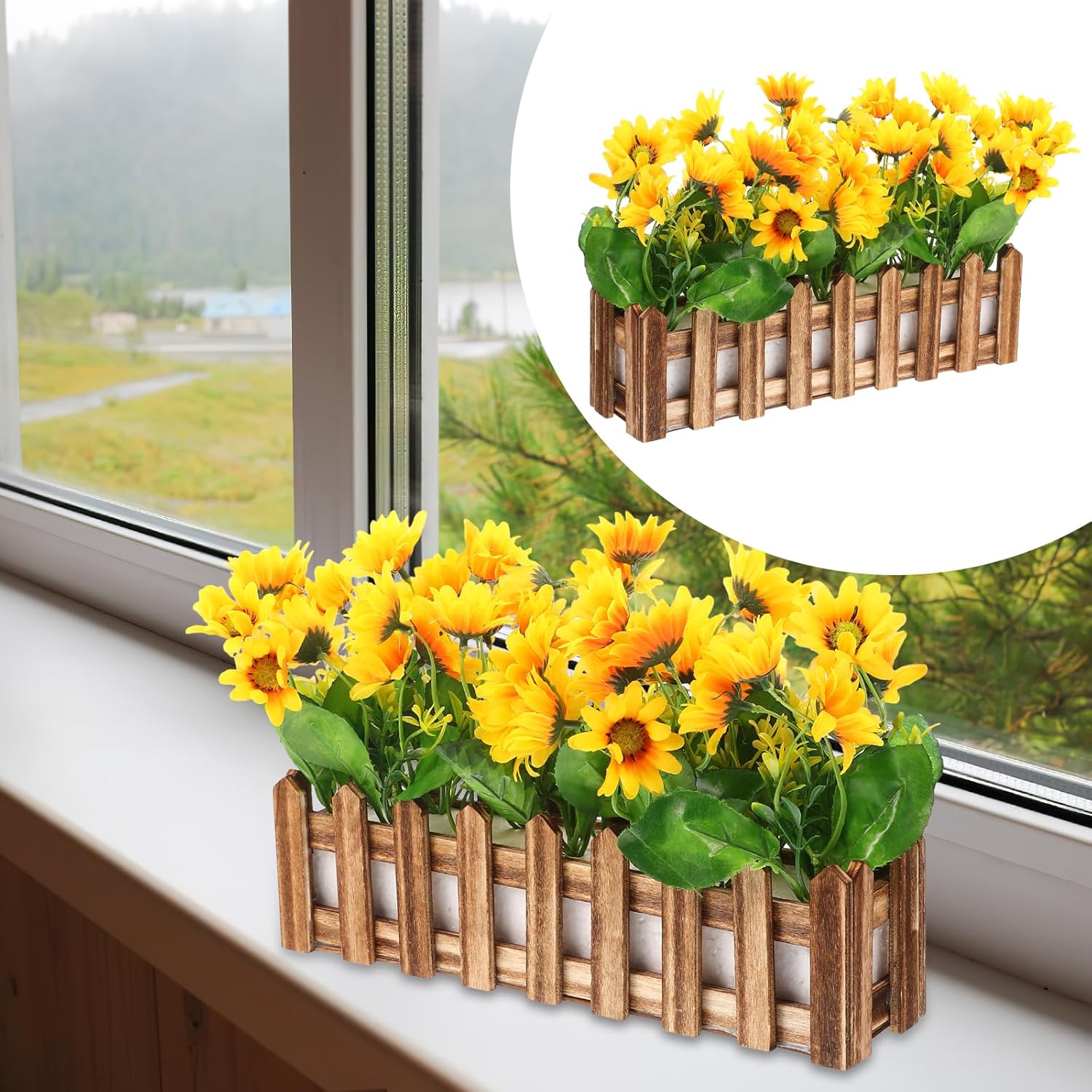 Artificial Sunflower Plant with Fence Pot Low Maintenance Fake Sunflower for Classroom Corner Home Office Decorative Potted Plant Simulation Flower Bonsai 6.63X6.63X2.73 Inches