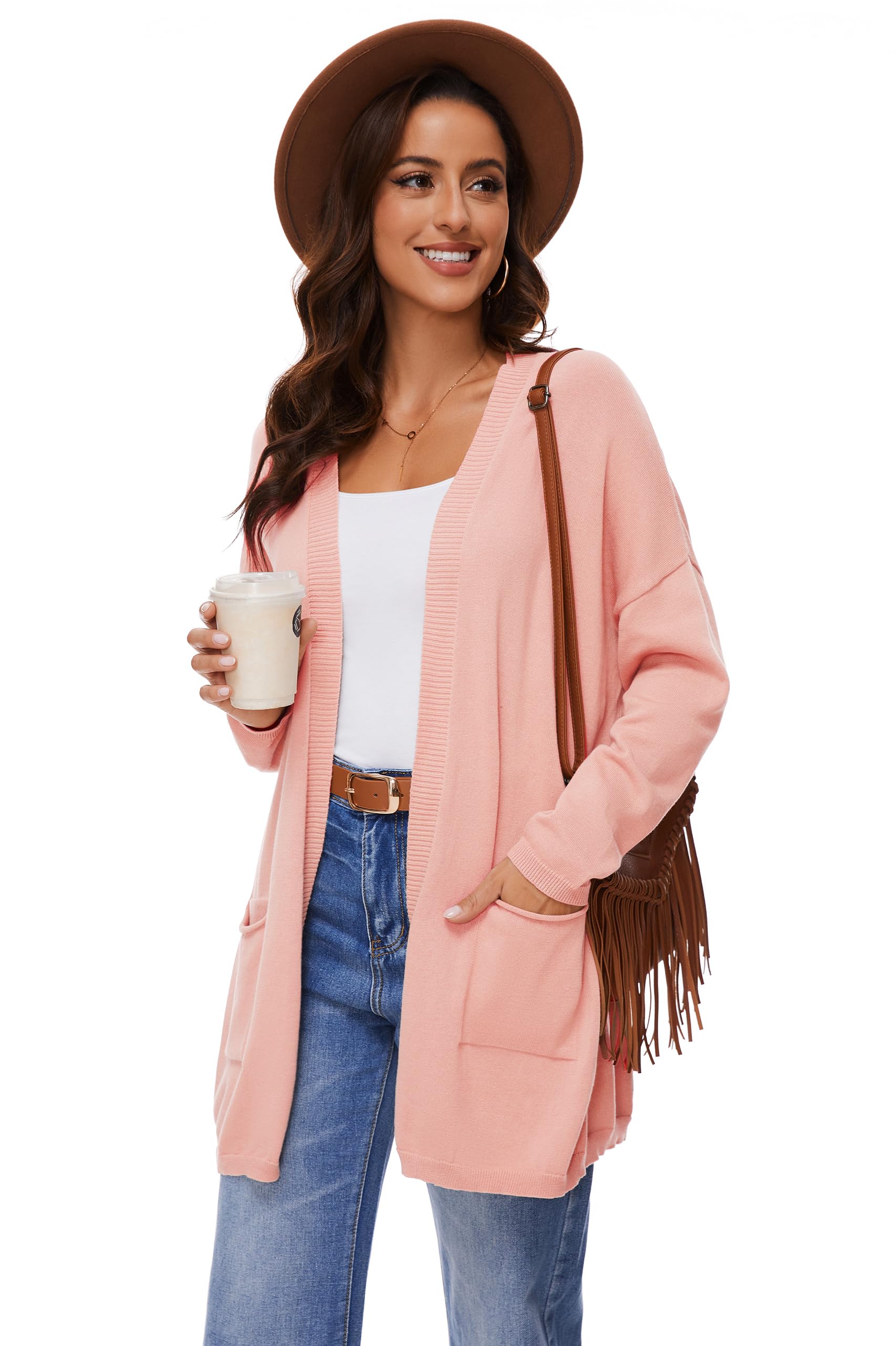 Cardigan Aperto in Cotone 100% per Donna con Tasche, Maniche Lunghe, Morbido, Oversize, Maglione Casual da Donna, Rosa Chiaro, XXL