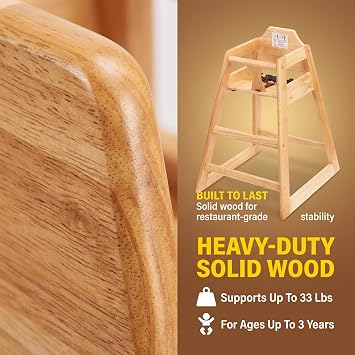 Natural Wooden Restaurant High Chair Stackable Rubberwood Dining Chair with Safety Bar, Easy-Clean Finish, Commercial Restaurant Seating