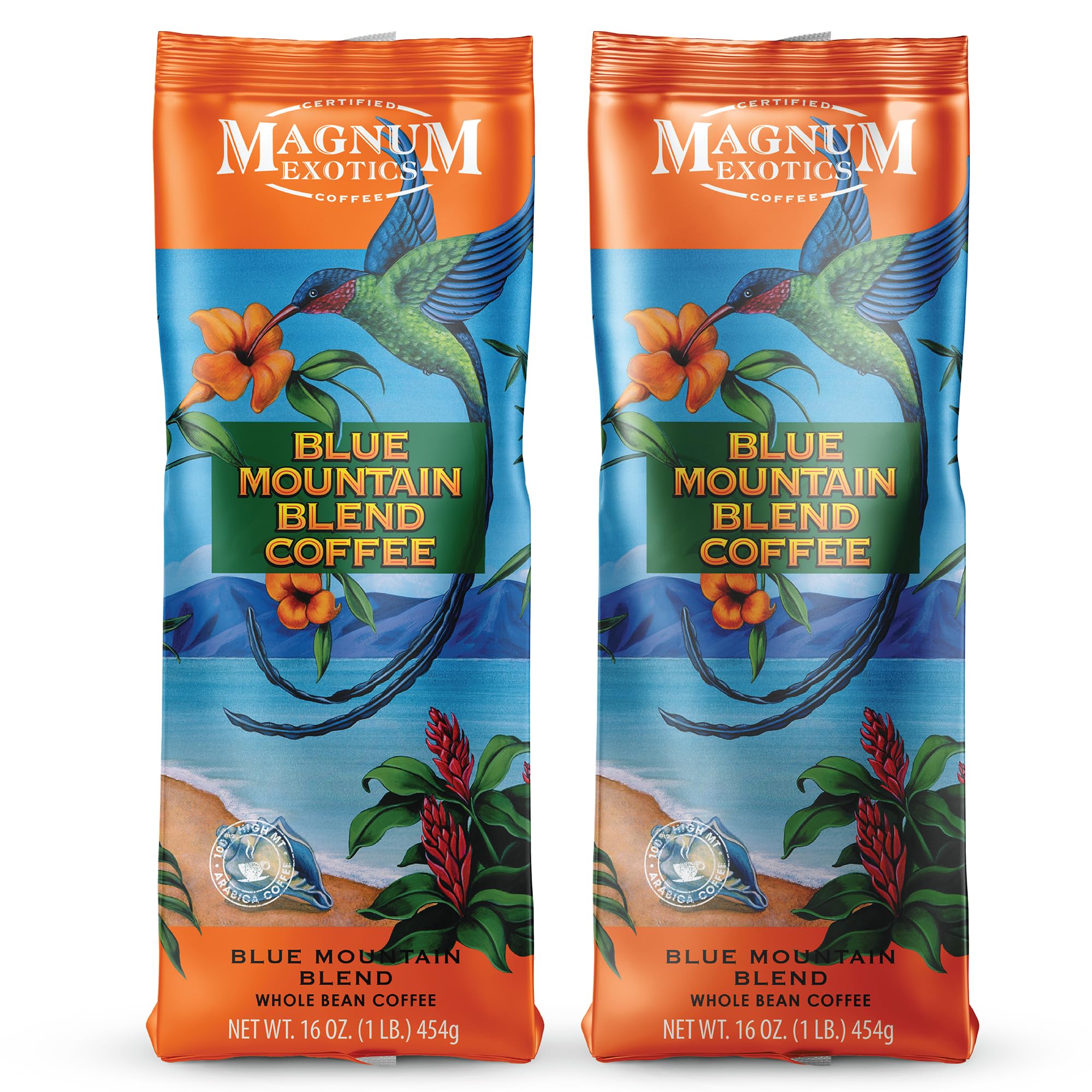 Magnum Exotics Coffee Blue Mountain Coffee Blend - Medium-Light Roast, Whole Bean, Made from 100% Arabica Beans, Rich & Smooth Flavor, Fresh Roast - Blue Mountain Blend, 1 Lb (Pack of 2)