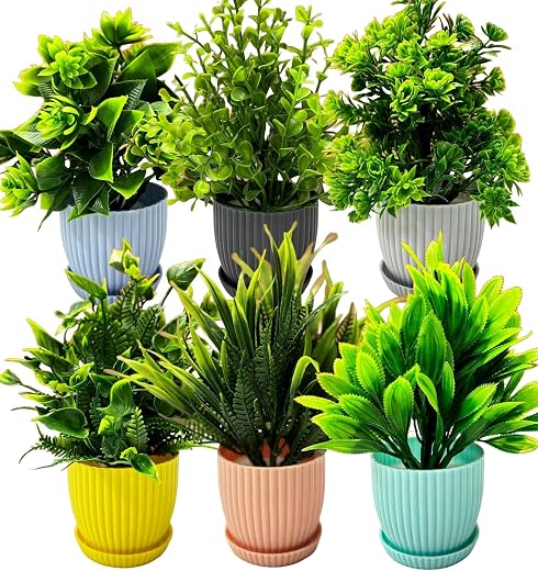 Dekorly Plastic 6 Packs Fake Plants Small, Mini Artificial Plants Indoor For Home Farmhouse Bathroom Shelf Décor (Multi, H...