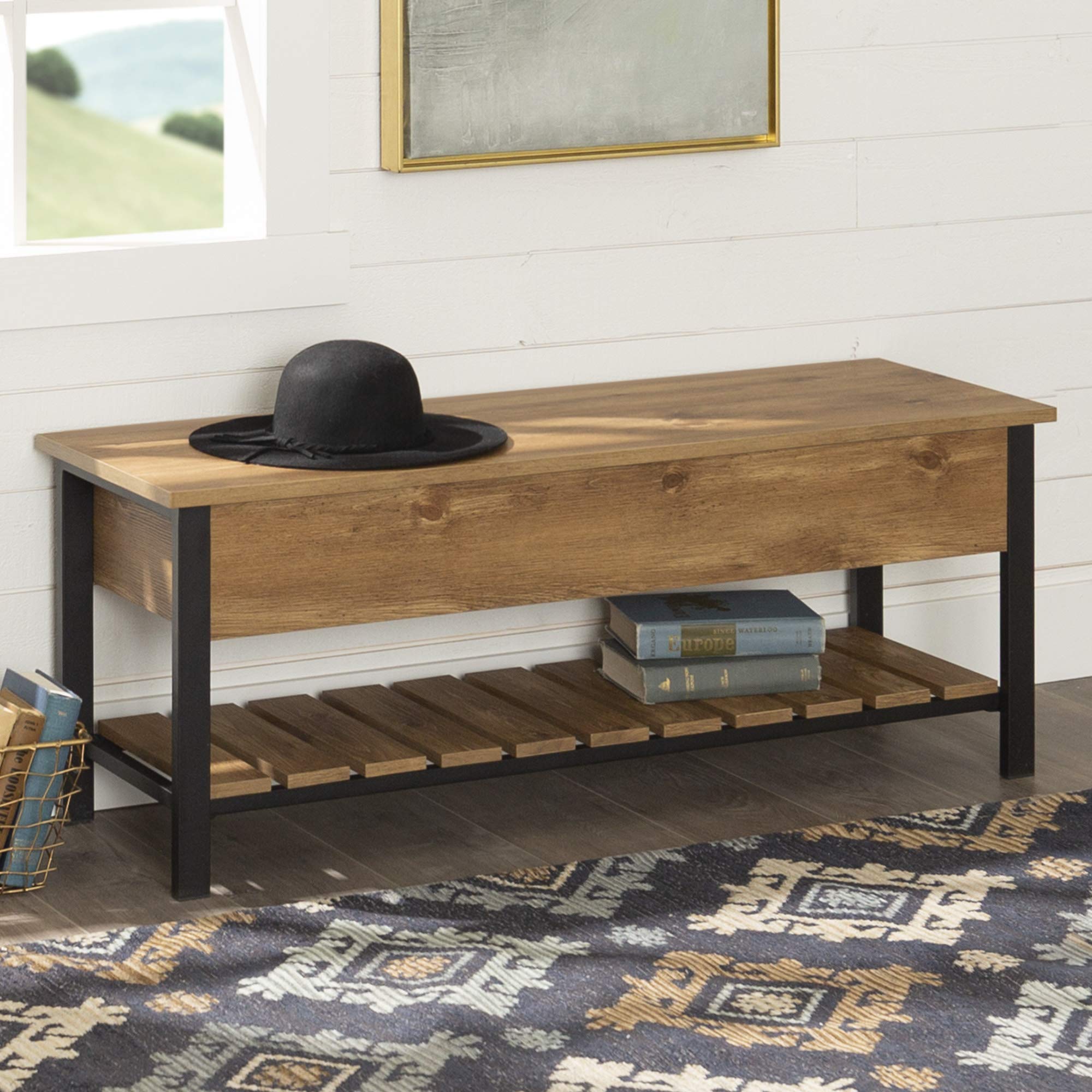 Walker Edison Julian Rustic Farmhouse Lift Top Entry Bench with Bottom