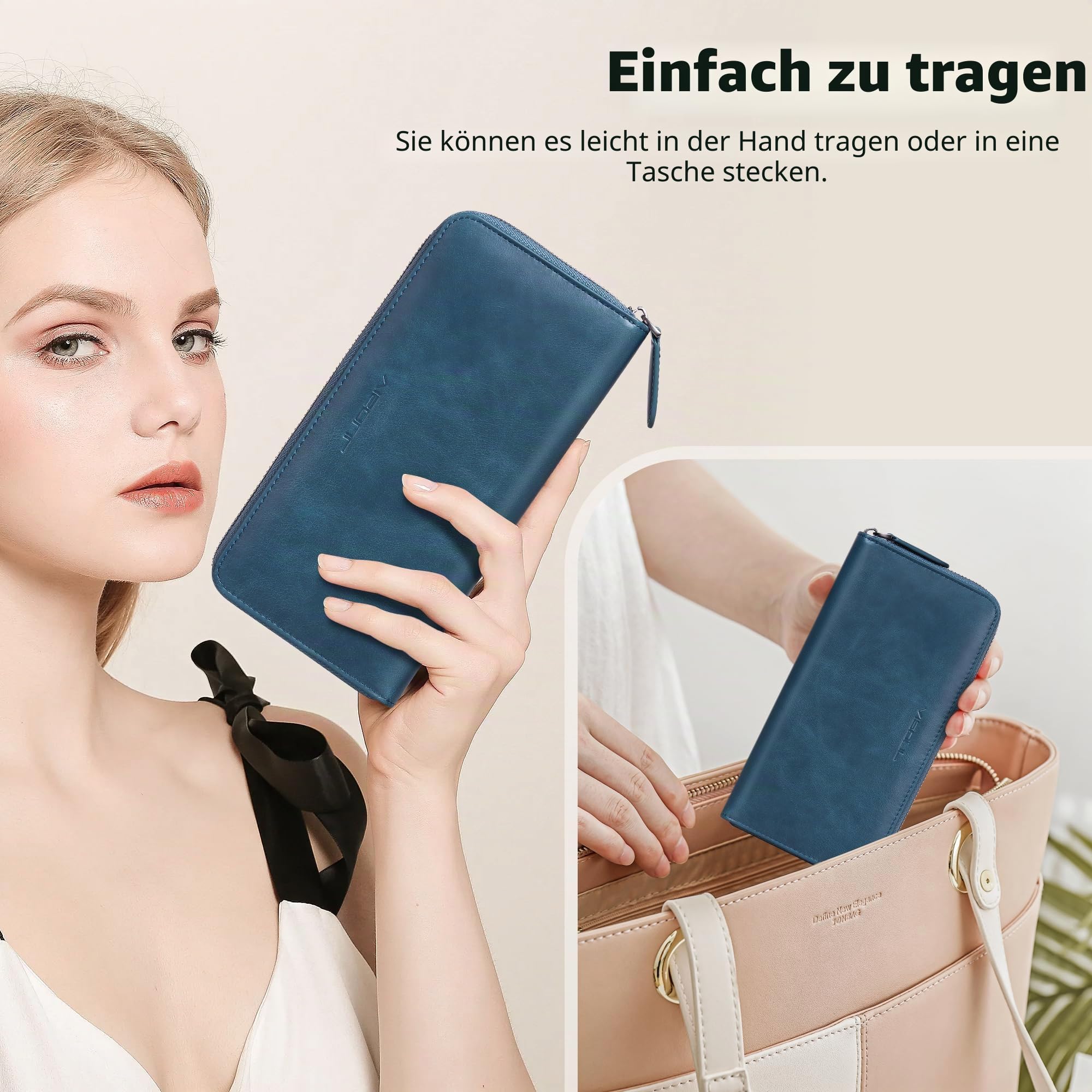 VISOUL Premium Brieftasche Echtleder Italienisches Leder mit RFID Schutz, XL Geldbörse für Herren Damen L02 (Blau)