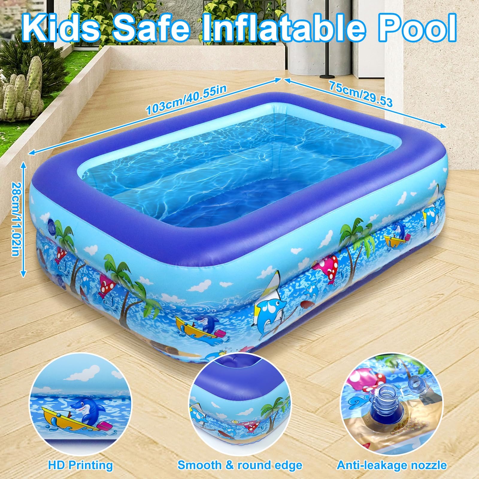 Piscina Inflable para Niños 110cm, PVC Reforzado, Piscina Familiar, Juegos Acuáticos al Aire Libre, Plegable y portátil, con 3 cámaras de Aire, para niños pequeños y Mascotas