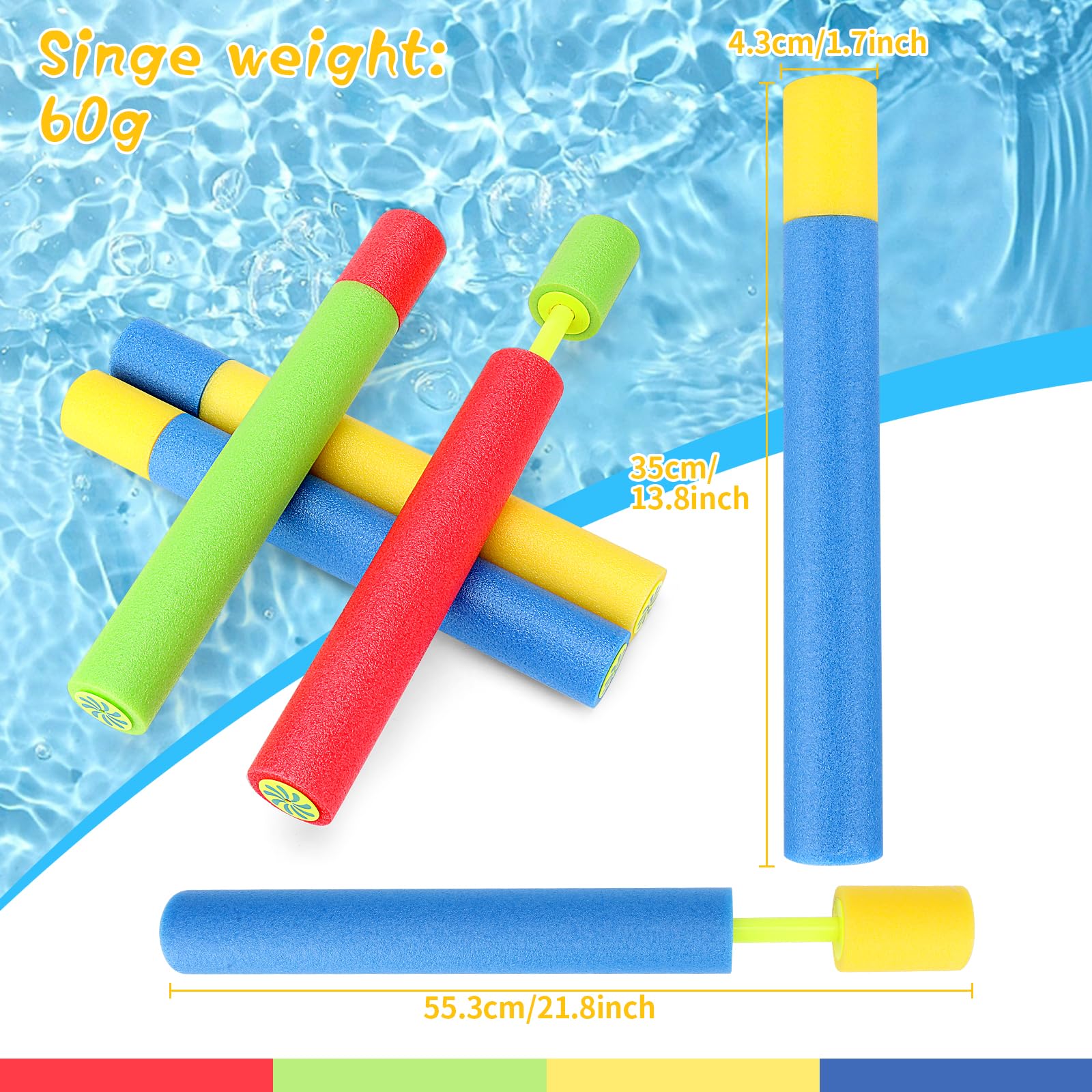 4 Stück Wasserpistole Kinder, 38cm Schaumstoff Wasserpistolen, Spritzpistole Wasser Bunte, Party Strand Pool Strandspielzeug für Jungen und Mädchen