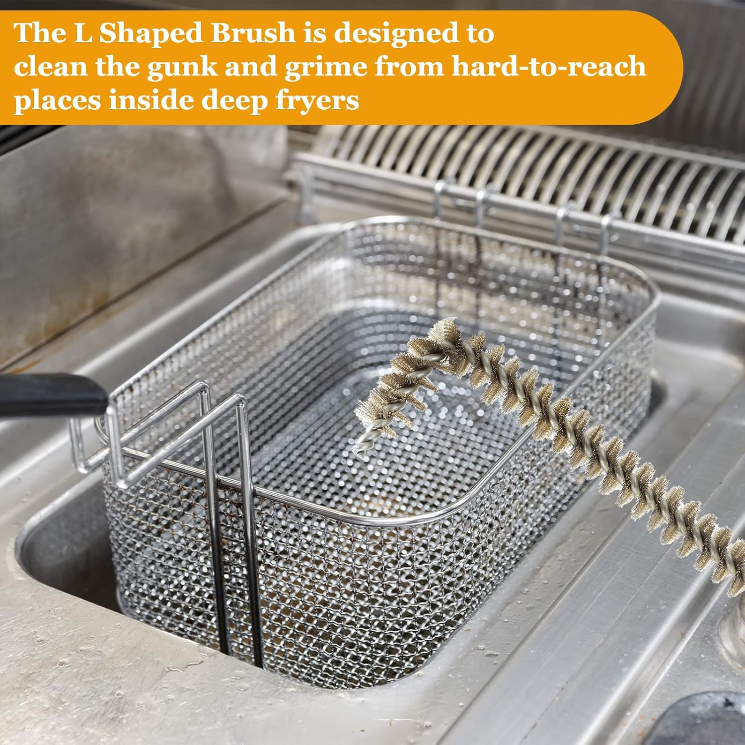 Yaomiao 2 Pcs L Shaped Fryer Cleaning Brush 23 Inch High Temperature Deep Fryer Coil Cleaner L Tipped Coil Brush, Long Handle, Metal Bristles for Grill BBQ Cleaning Accessories
