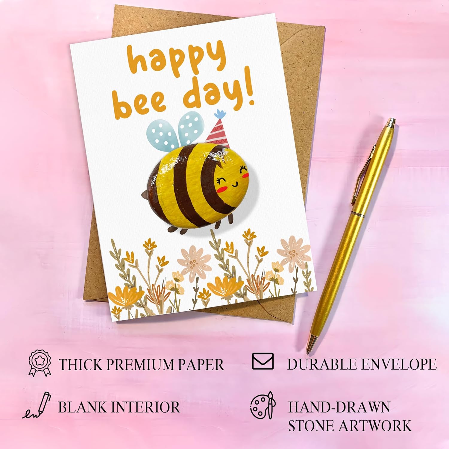 Happy Bee Day Card – Hand-Painted Pebble Bee Birthday Card, Cute Bee Greeting Card for Women, Kids & Friends, Unique Handmade Bee Card, Funny Bee Birthday or Bee Valentine Handcrafted Cards - Image 4