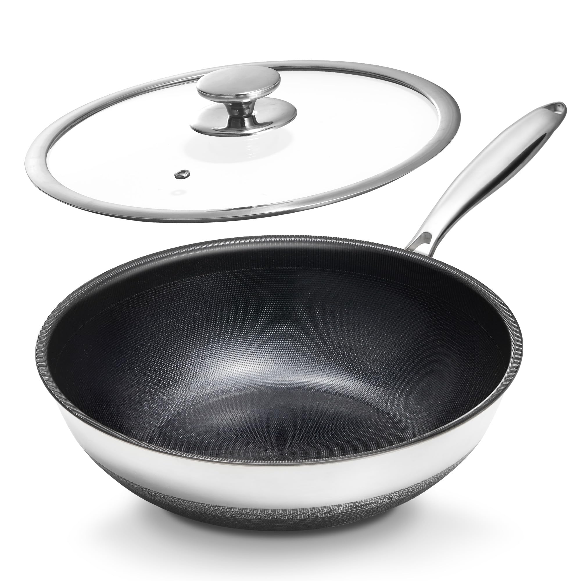 KOKHUB Induction Non Stick Wok, 30 cm Titanium Ceramic Stainless Steel Wok Pan with Lid, Deep Stir Fry Pan, PFOA & PFAS Free, Suitable for All Hobs, Large Capacity for 3-5 People