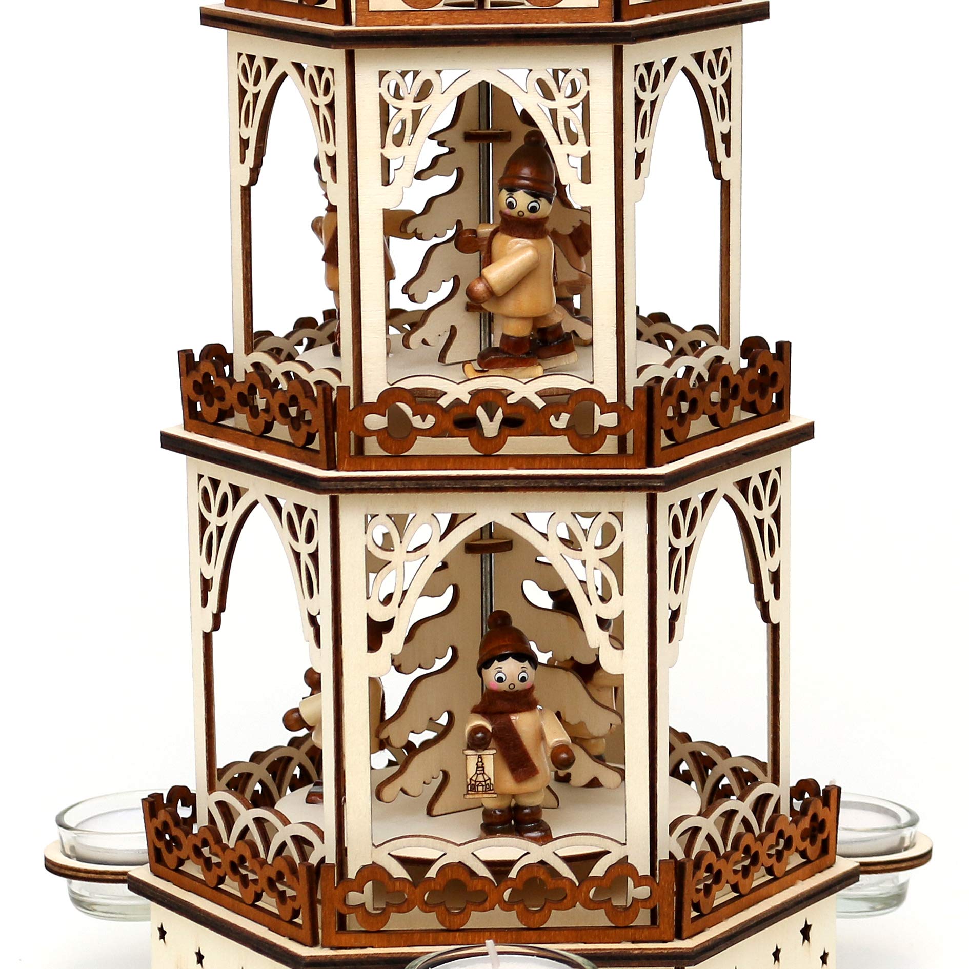 Dekohelden24 Photophore Pyramide en Bois Naturel/Marron avec 3 étages, pour 3 Bougies Chauffe-Plat, L/L/H : 19 x 16,5 x 42 cm, Motif : Enfant Lanterne.