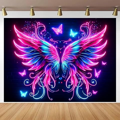 BlissYard Angelic Neon Wings UV Black Light Tapestry 78x59 Inches Art Color Neon Light Background Bedroom Living Room Wall Party Decoration Psychedelic Butterfly Fantasy Fairycore Room Backdrop