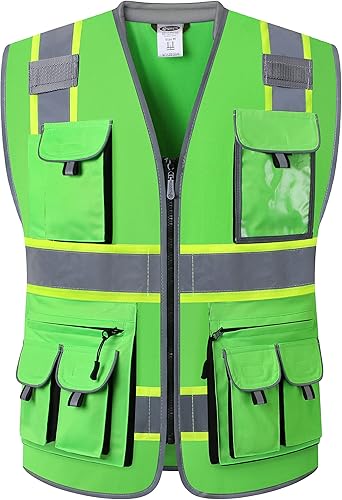 Miniatura 6 de JKSafety Chaleco de seguridad frontal con 10 bolsillos clase 2 de alta visibilidad con tiras reflectantes, cumple con los estándares ANSIISEA