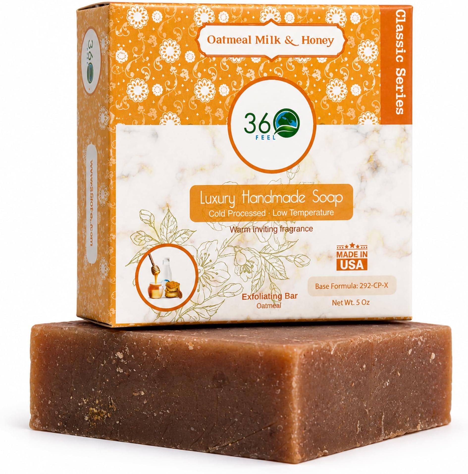 360Feel Oatmeal Milk and Honey Bar Soap - Made in The USA - Castile Handmade, All Natural Cold Processed - Infused with Oatmeal Milk and Honey - SLS-Free - Moisturizing Lather - (5oz)