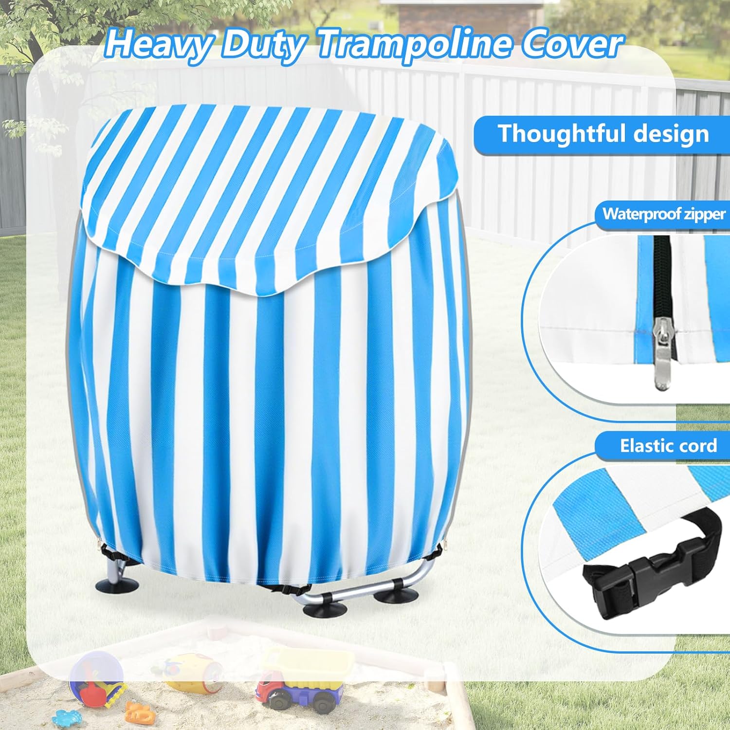Outdoor Trampoline Covers,600D Heavy Duty Waterproof Kids Trampolines Cover,Suitable for Most 55” Circular Trampolines,Windproof Outdoor Toddler Trampoline Winter Protect Cover(Blue and white stripes)