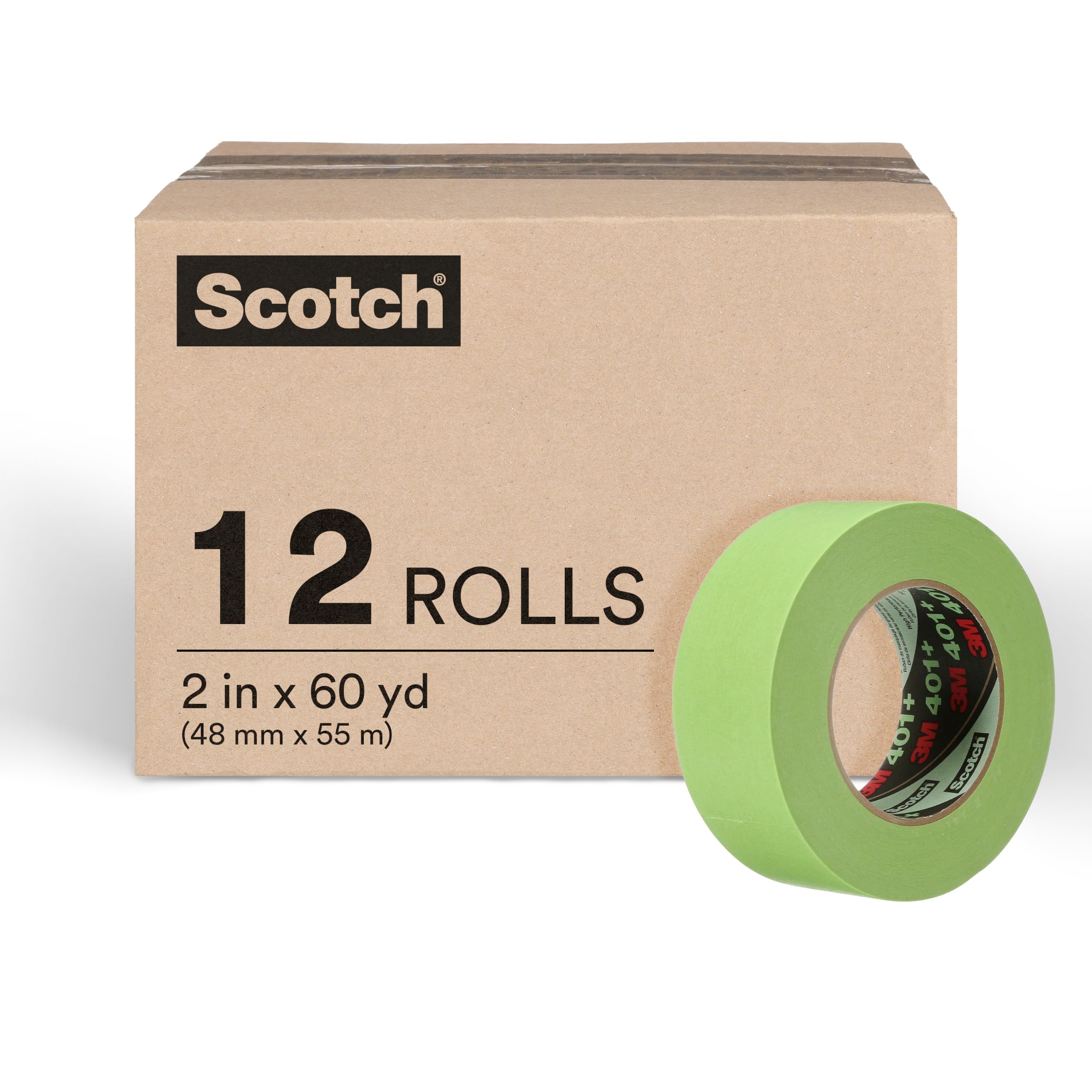 3M High Performance Green Masking Tape 401+, 48 mm x 55 m (Case of 12) by