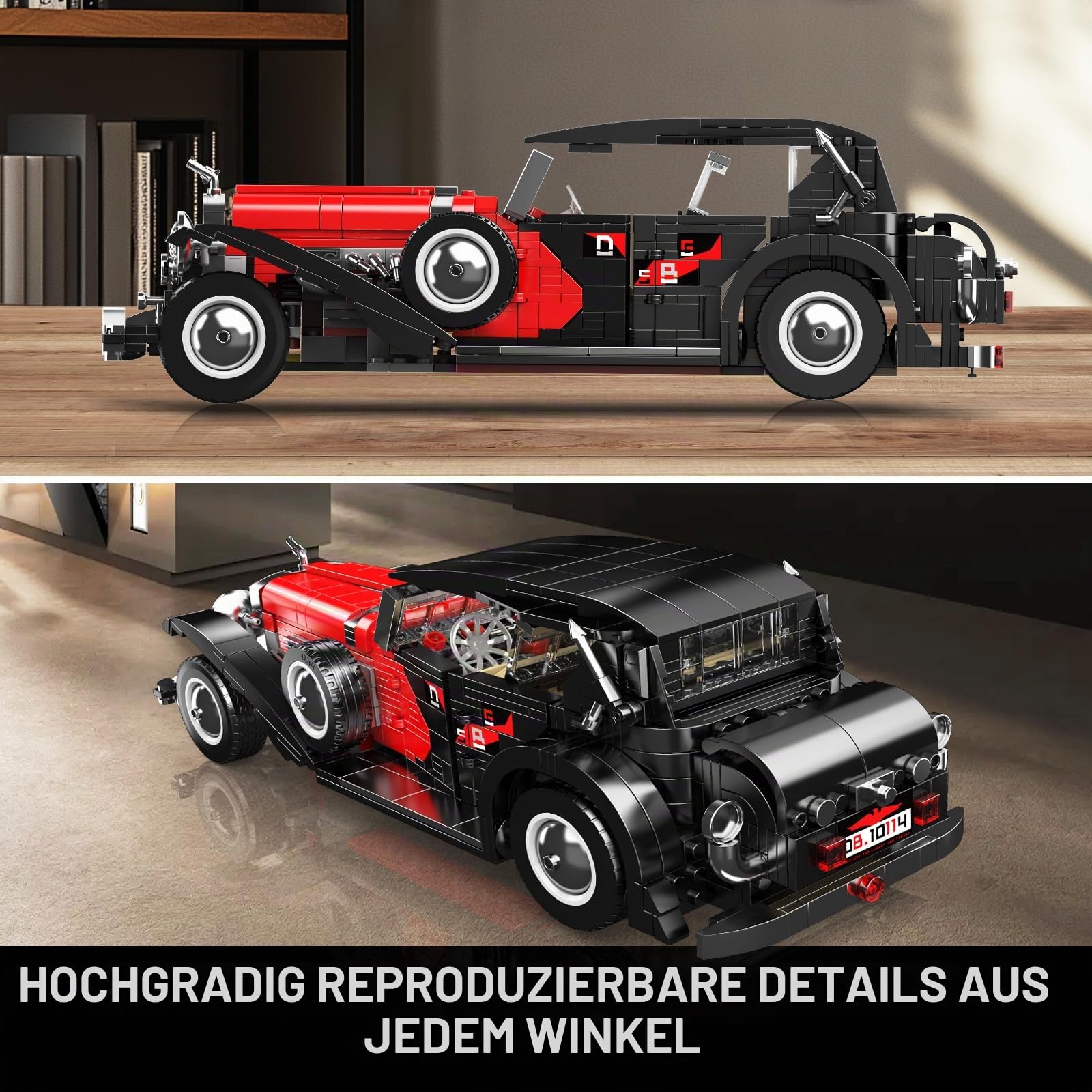 Mould King 10114 MOC Technik Oldtimer Auto Modell Klemmbausteine Bausatz Kit, 1308+ Stücke Klassisches Auto Sammlung Modell, für Jugendliche 14+/ Erwachsene/Fahrzeug Sammler